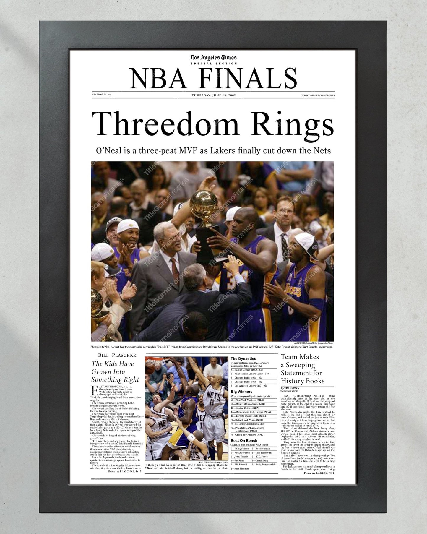 2002 Los Angeles Lakers NBA Champion "Threedom Rings" Framed Front Page Newspaper Print - TitleGameFrames.com