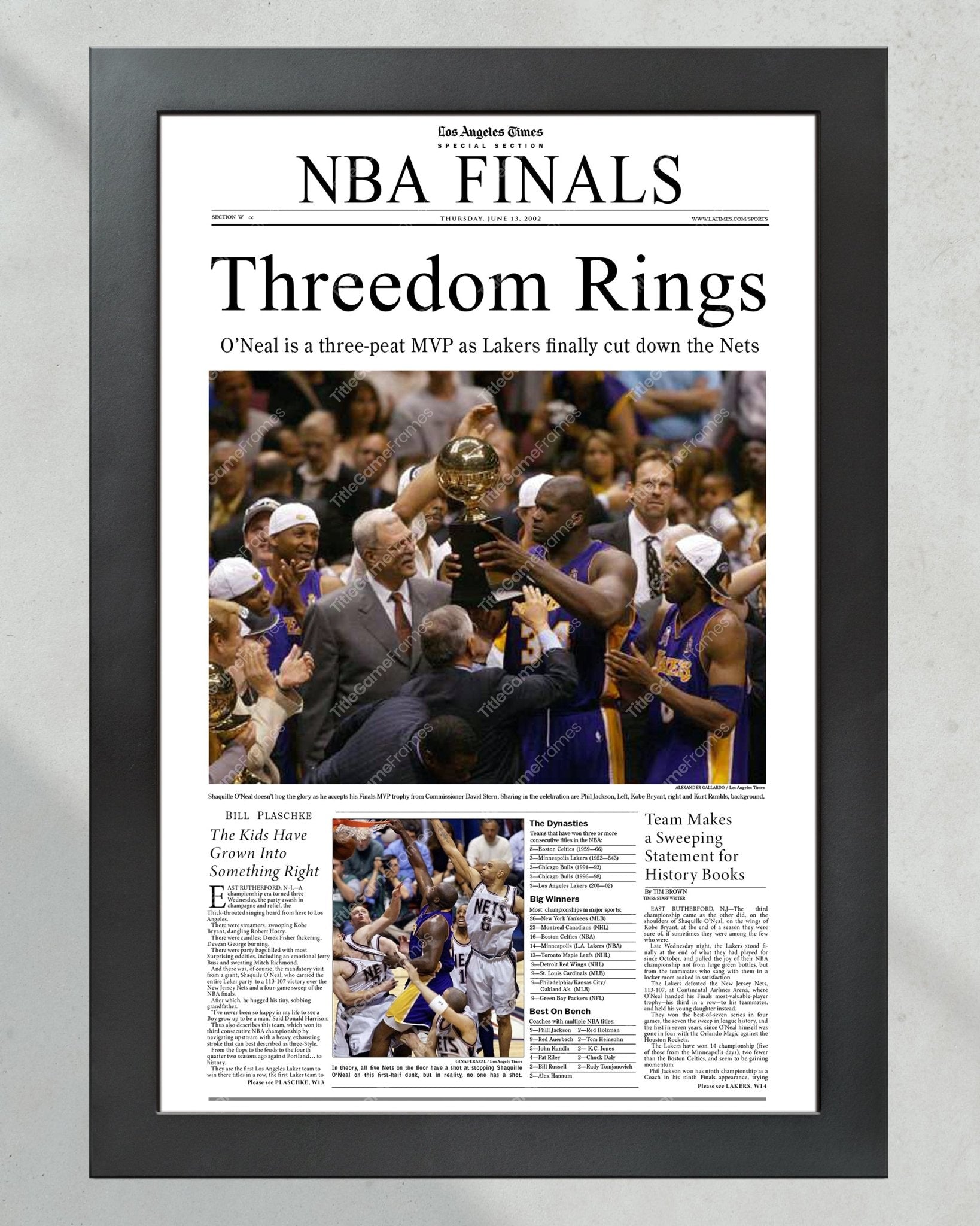 2002 Los Angeles Lakers NBA Champion "Threedom Rings" Framed Front Page Newspaper Print - TitleGameFrames.com
