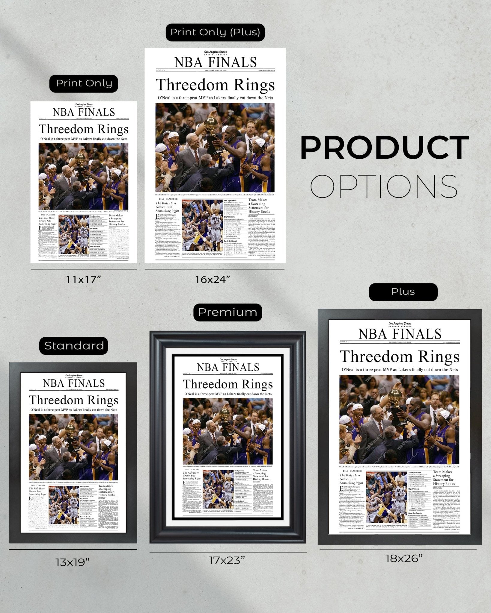 2002 Los Angeles Lakers NBA Champion "Threedom Rings" Framed Front Page Newspaper Print - TitleGameFrames.com
