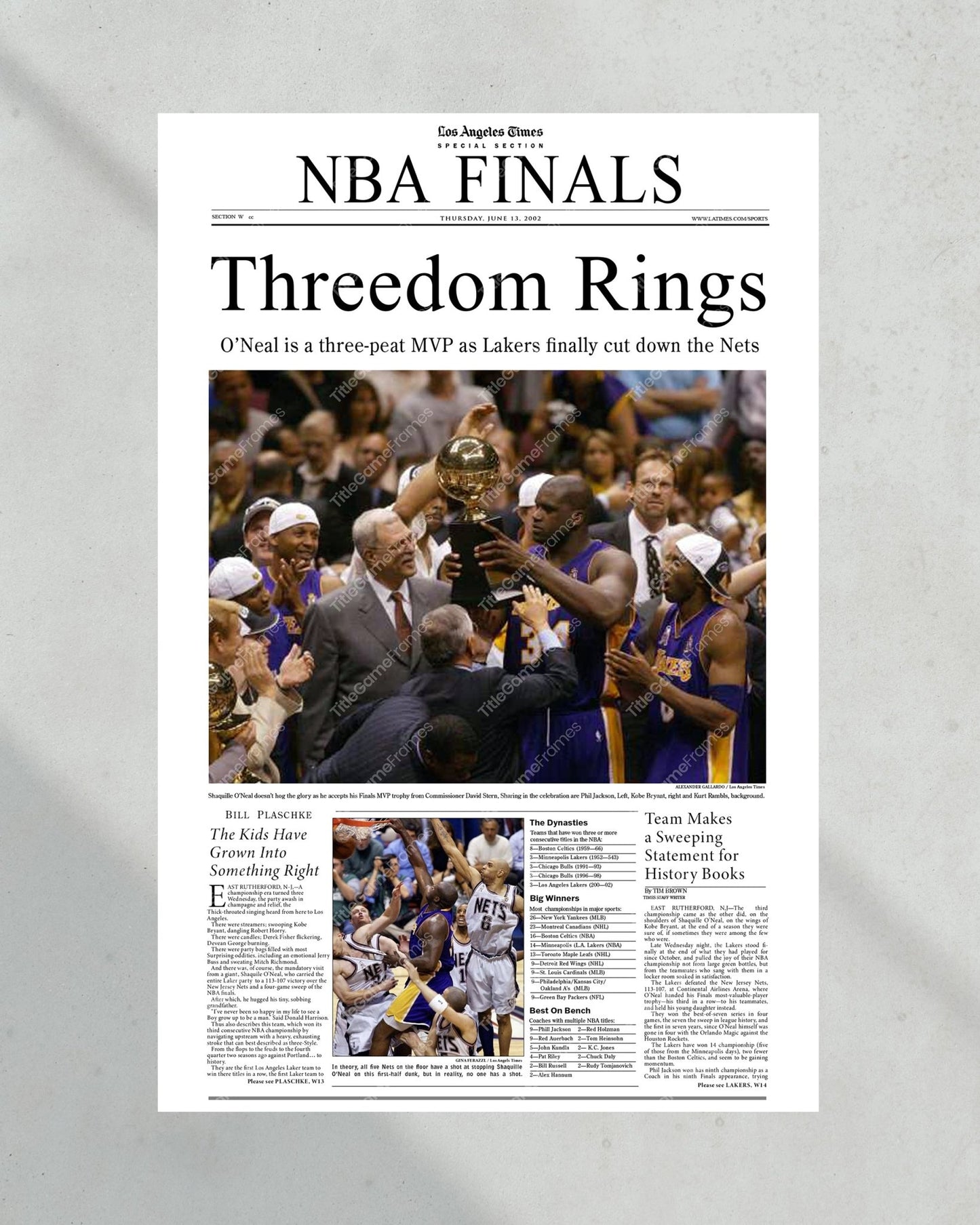 2002 Los Angeles Lakers NBA Champion "Threedom Rings" Framed Front Page Newspaper Print - TitleGameFrames.com