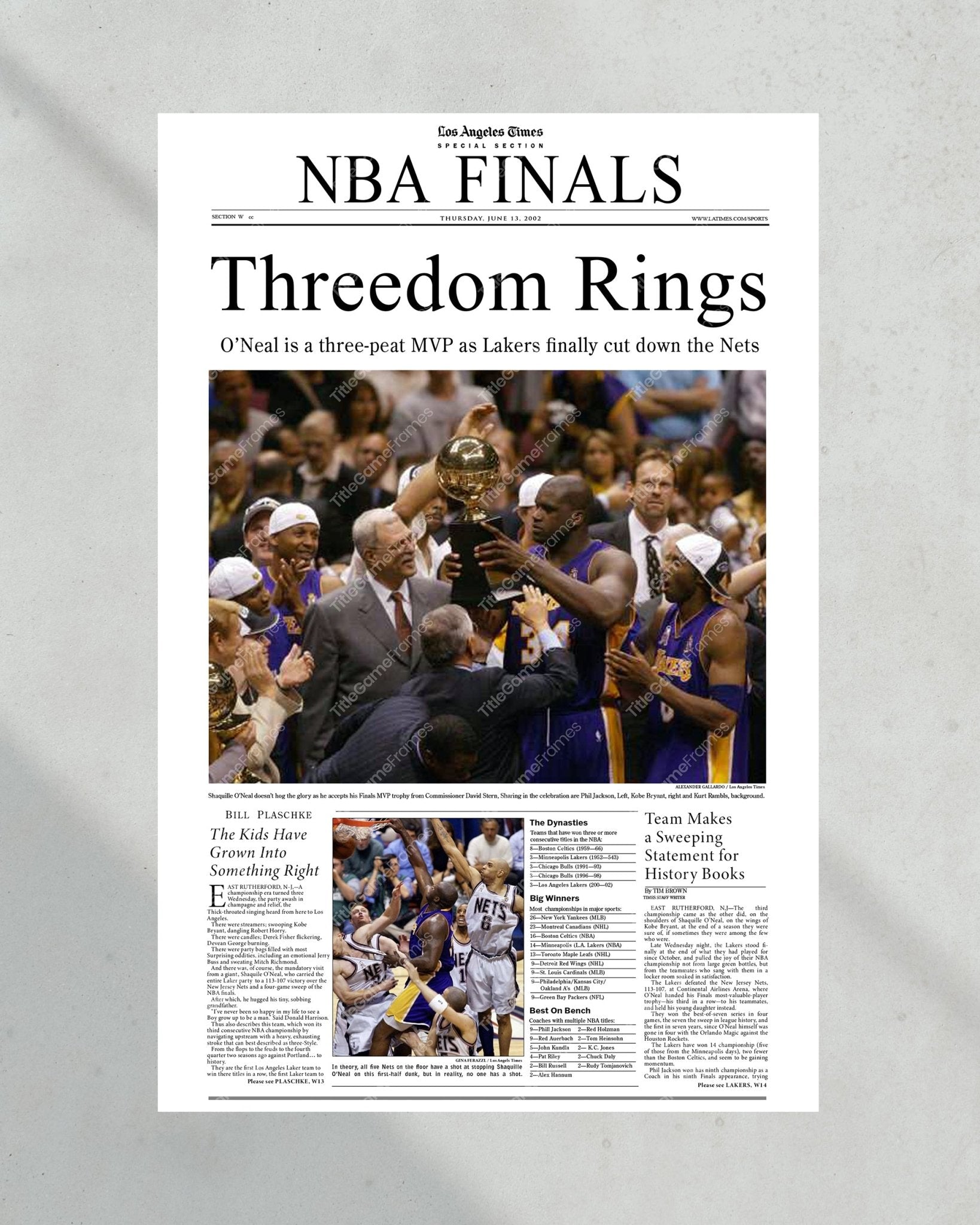 2002 Los Angeles Lakers NBA Champion "Threedom Rings" Framed Front Page Newspaper Print - TitleGameFrames.com