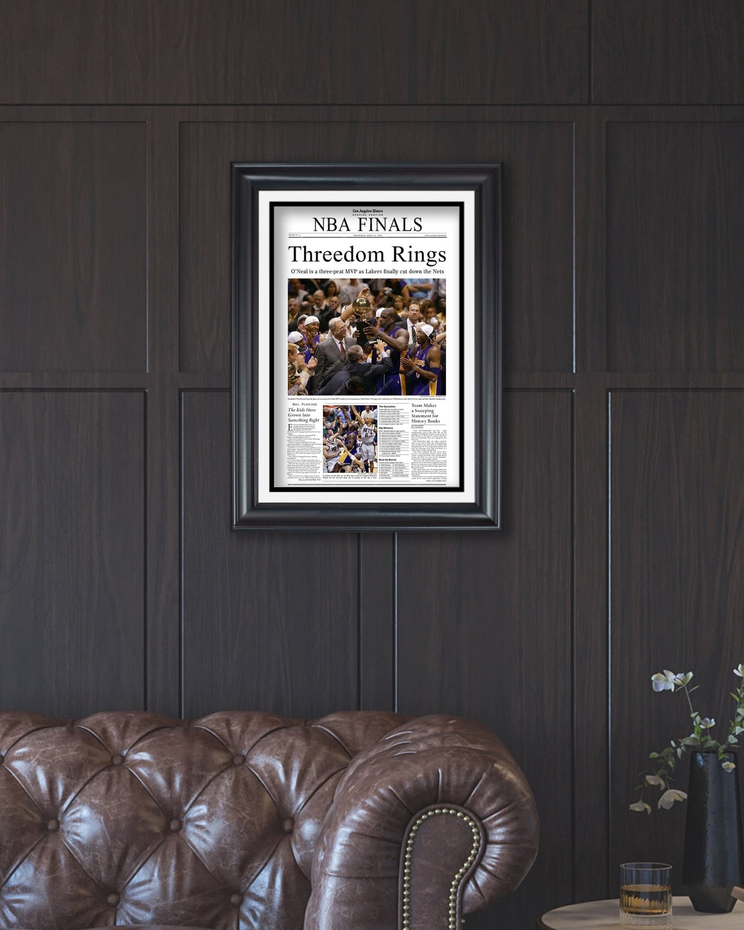 2002 Los Angeles Lakers NBA Champion "Threedom Rings" Framed Front Page Newspaper Print - TitleGameFrames.com