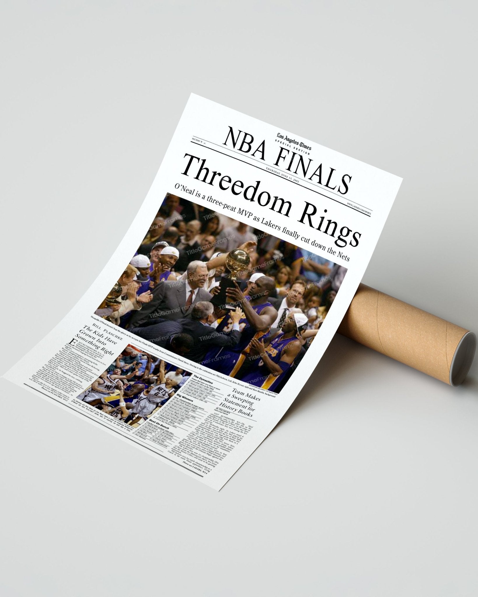 2002 Los Angeles Lakers NBA Champion "Threedom Rings" Framed Front Page Newspaper Print - TitleGameFrames.com