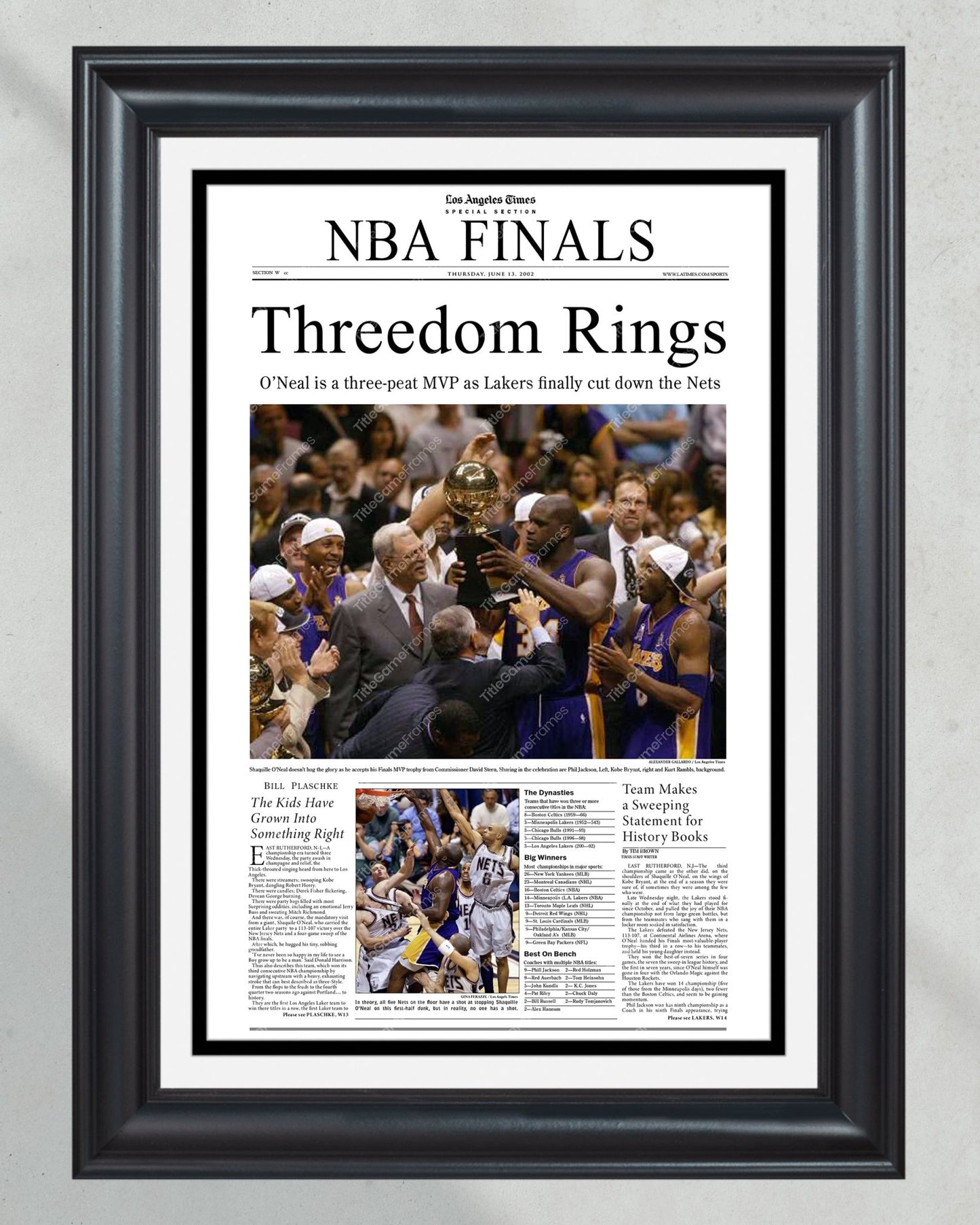 2002 Los Angeles Lakers NBA Champion "Threedom Rings" Framed Front Page Newspaper Print - TitleGameFrames.com
