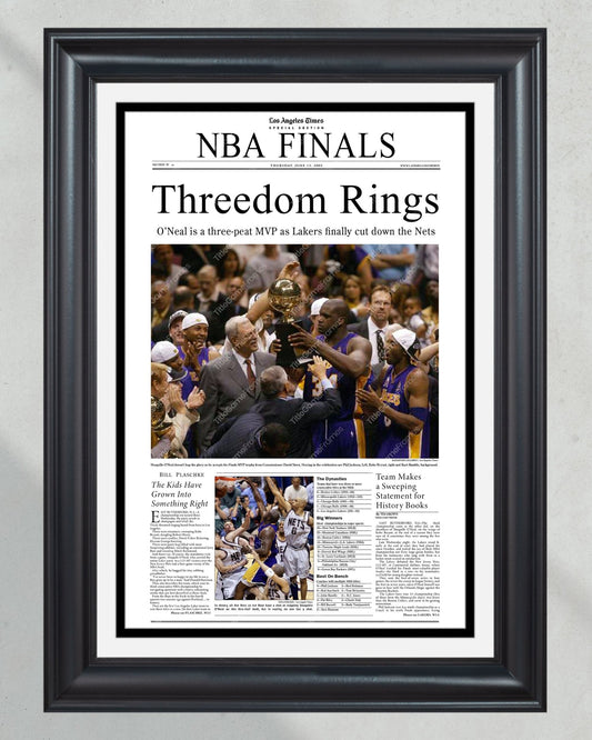 2002 Los Angeles Lakers NBA Champion "Threedom Rings" Framed Front Page Newspaper Print - TitleGameFrames.com