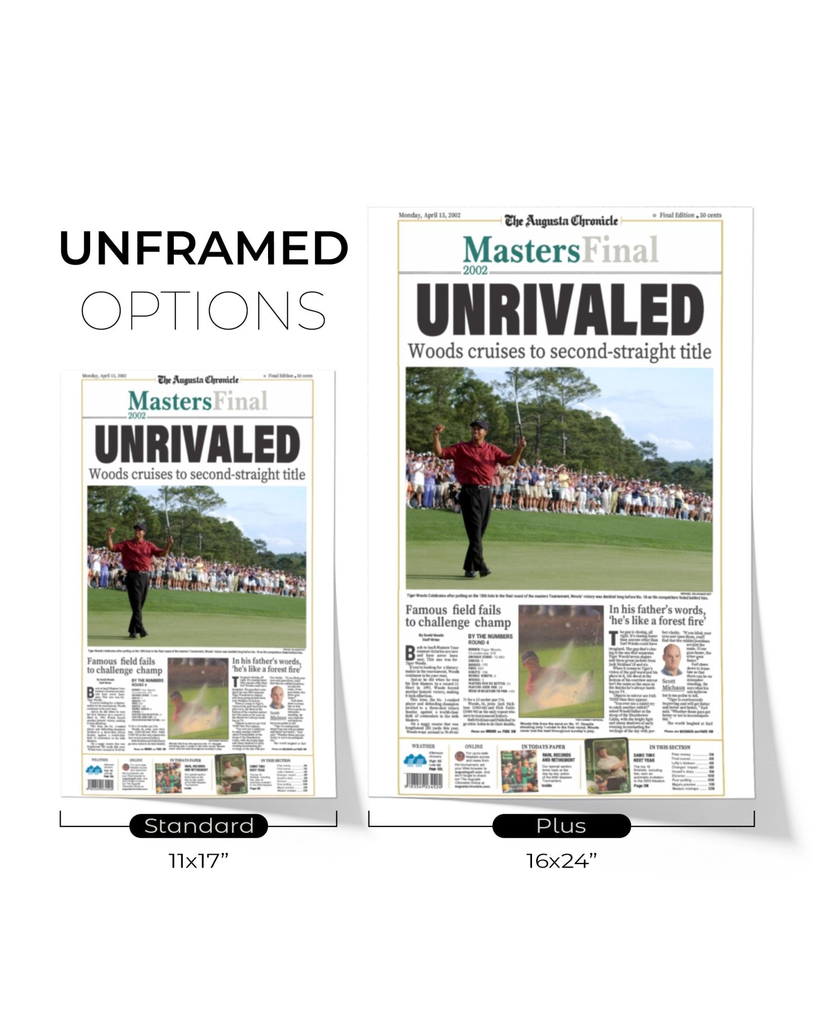 2002 Tiger Woods Masters Champion Framed Newspaper Cover Print - TitleGameFrames.com