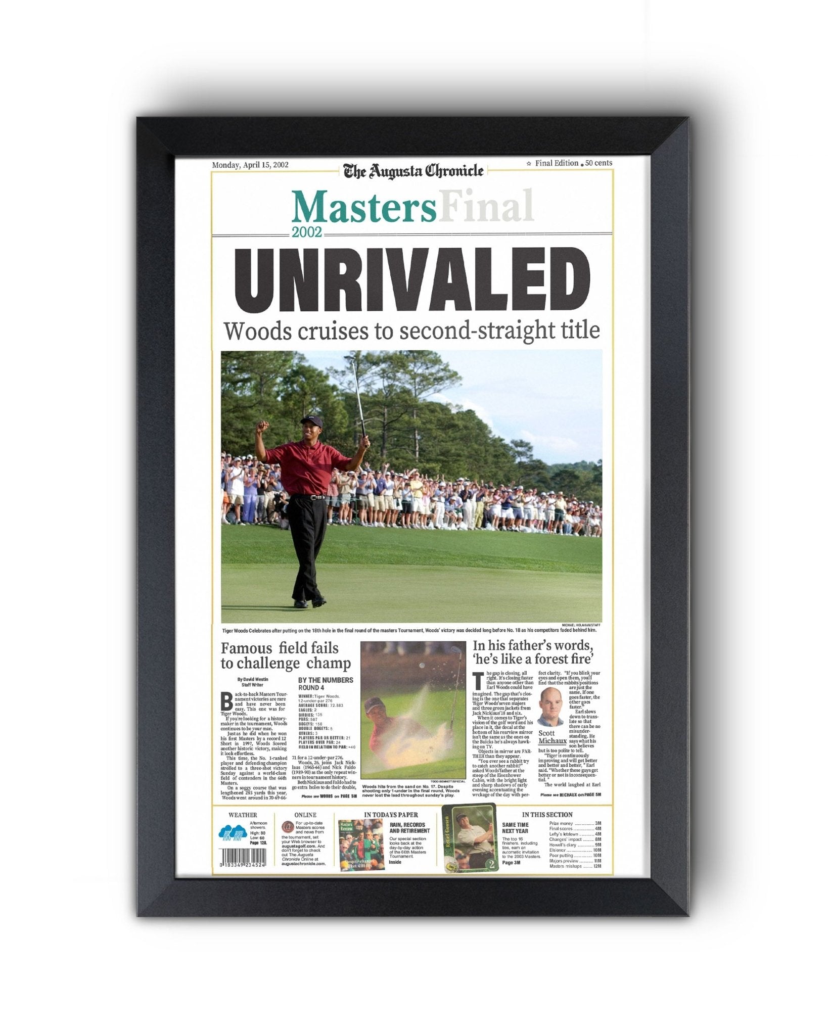 2002 Tiger Woods Masters Champion Framed Newspaper Cover Print - TitleGameFrames.com