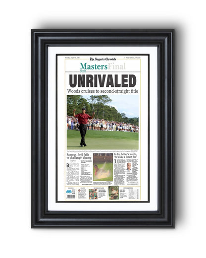 2002 Tiger Woods Masters Champion Framed Newspaper Cover Print - TitleGameFrames.com