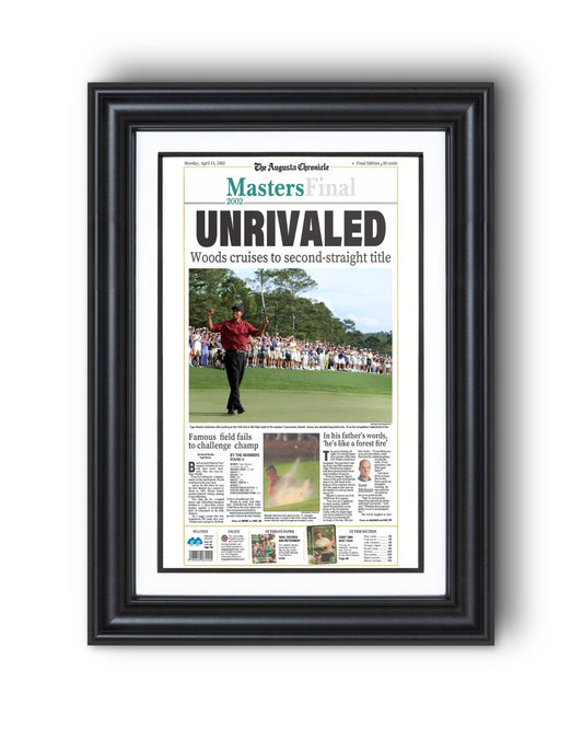 2002 Tiger Woods Masters Champion Framed Newspaper Cover Print - TitleGameFrames.com