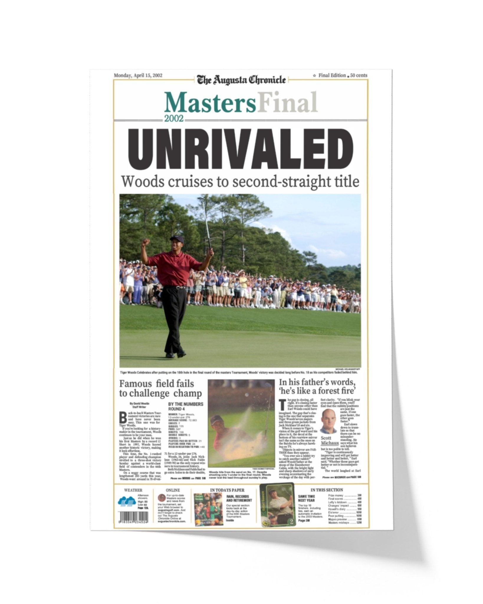 2002 Tiger Woods Masters Champion Framed Newspaper Cover Print - TitleGameFrames.com