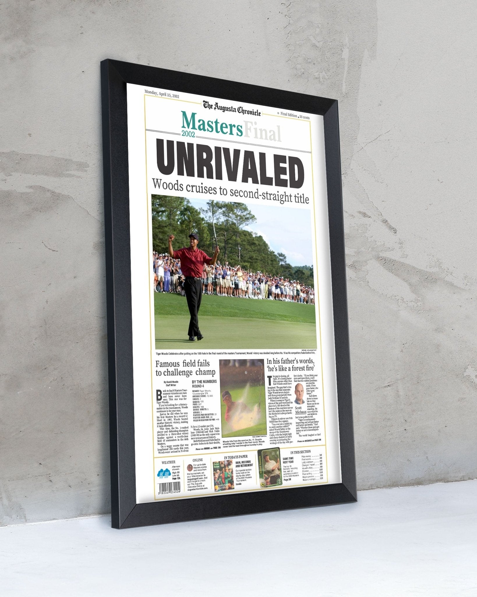 2002 Tiger Woods Masters Champion Framed Newspaper Cover Print - TitleGameFrames.com