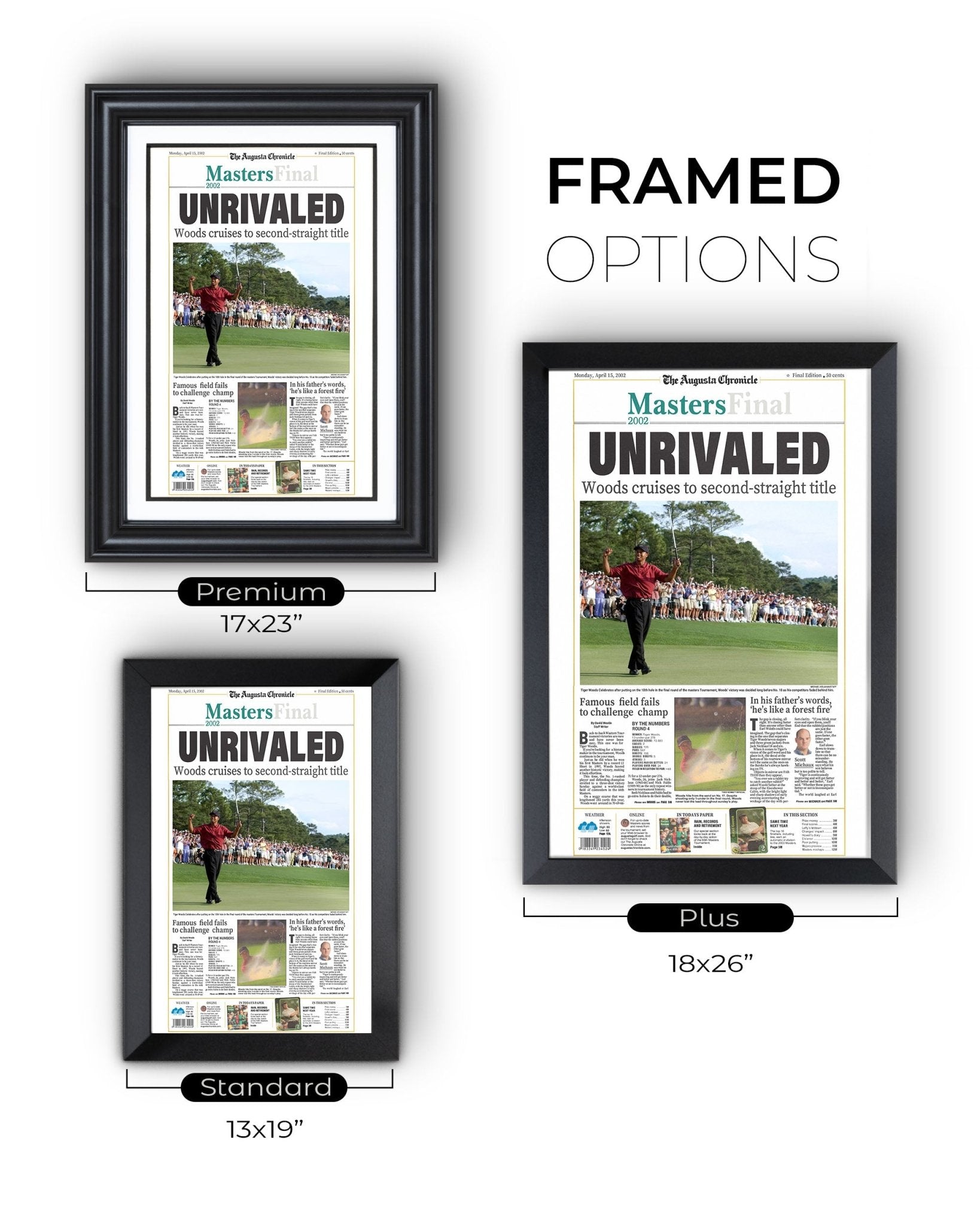 2002 Tiger Woods Masters Champion Framed Newspaper Cover Print - TitleGameFrames.com