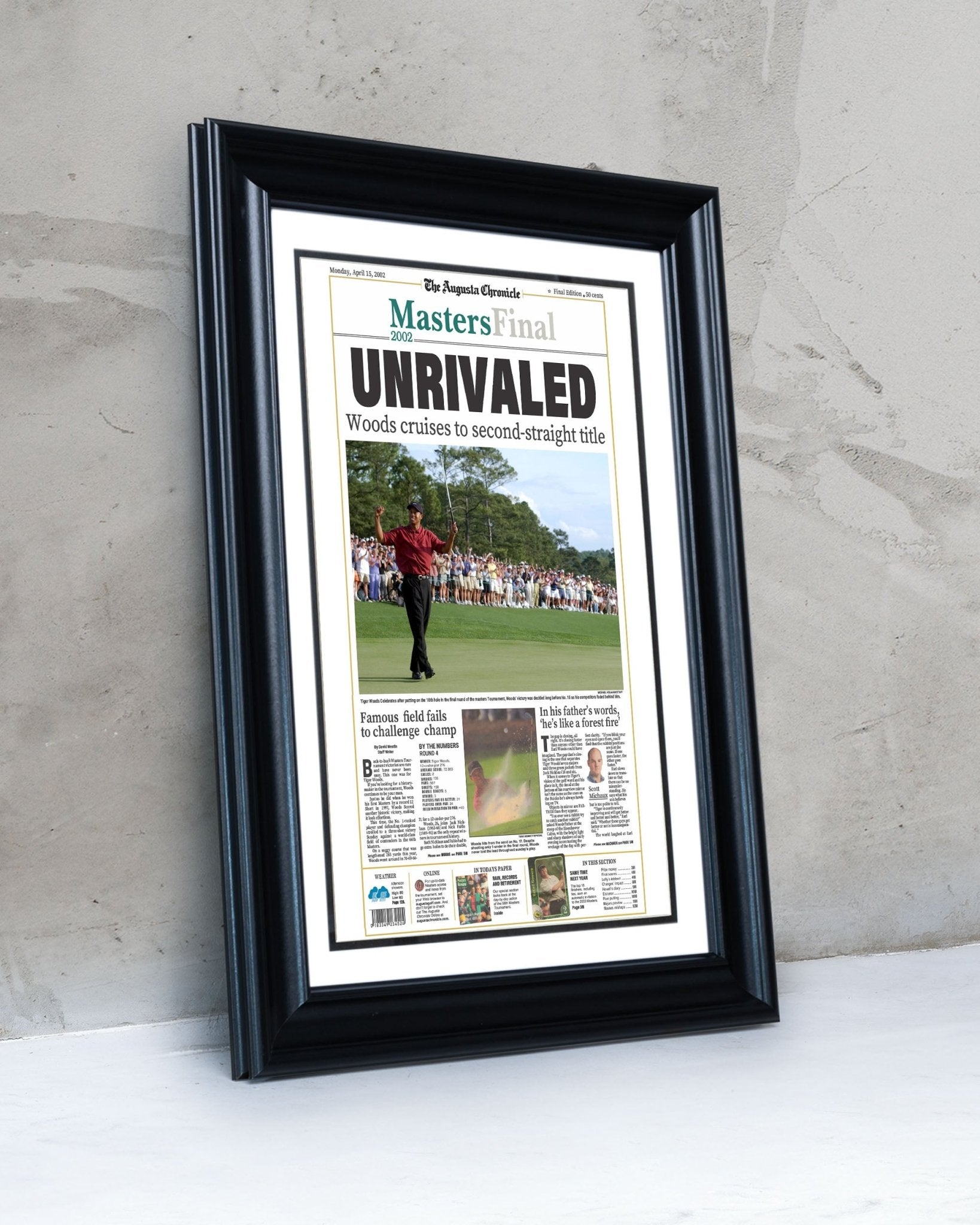 2002 Tiger Woods Masters Champion Framed Newspaper Cover Print - TitleGameFrames.com