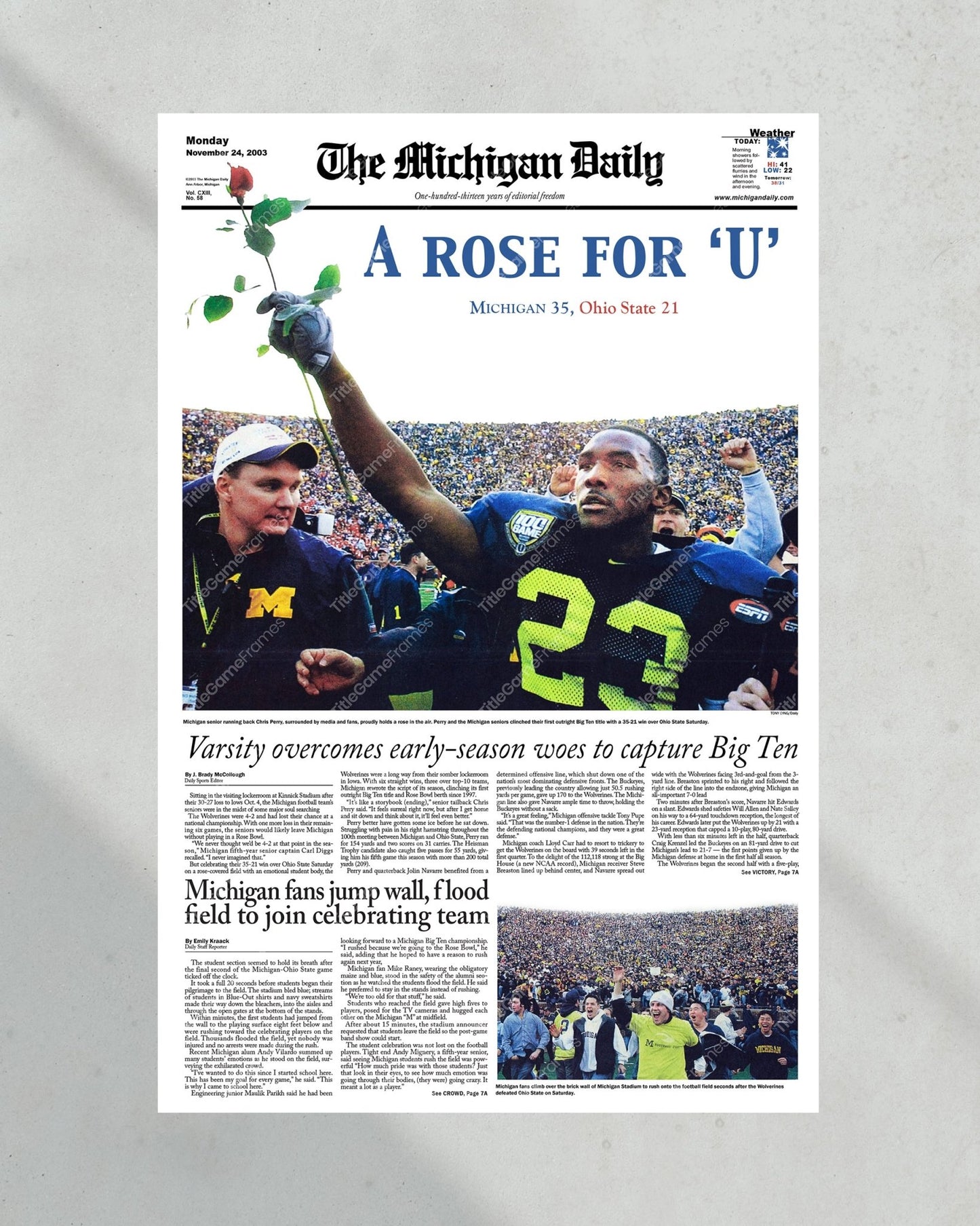2003 Big Ten Championship: Michigan's 'A Rose for 'u' Victory Over Ohio State Framed Print - TitleGameFrames.com