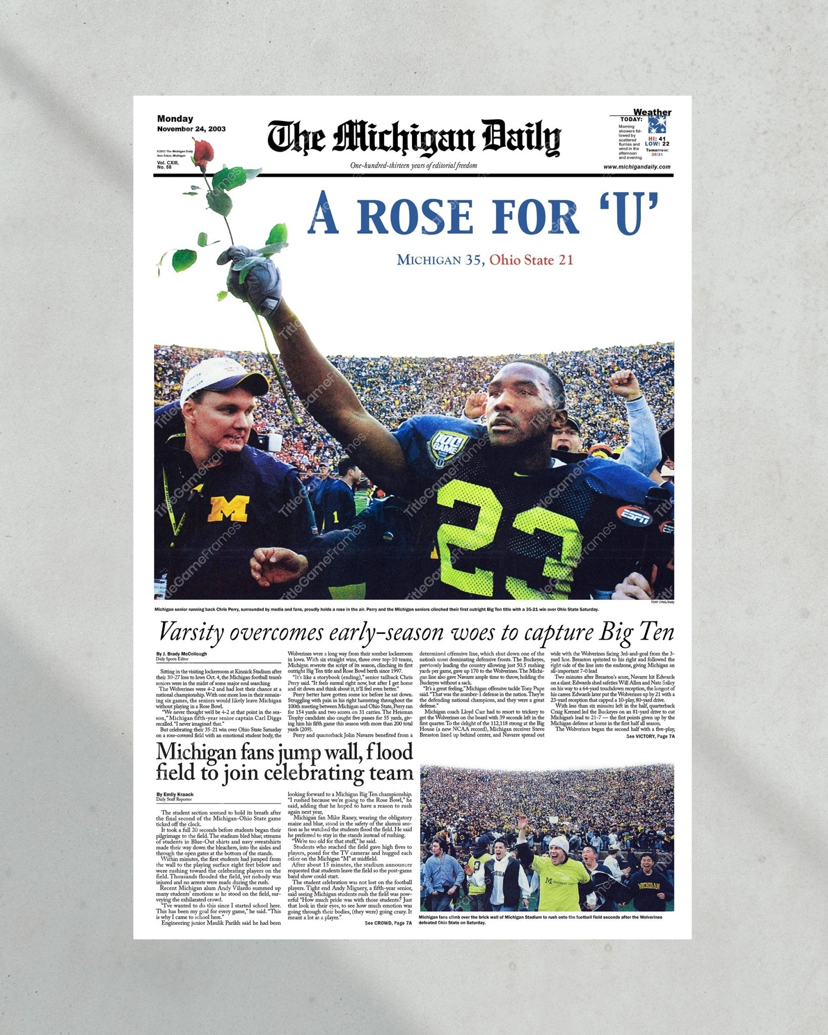 2003 Big Ten Championship: Michigan's 'A Rose for 'u' Victory Over Ohio State Framed Print - TitleGameFrames.com