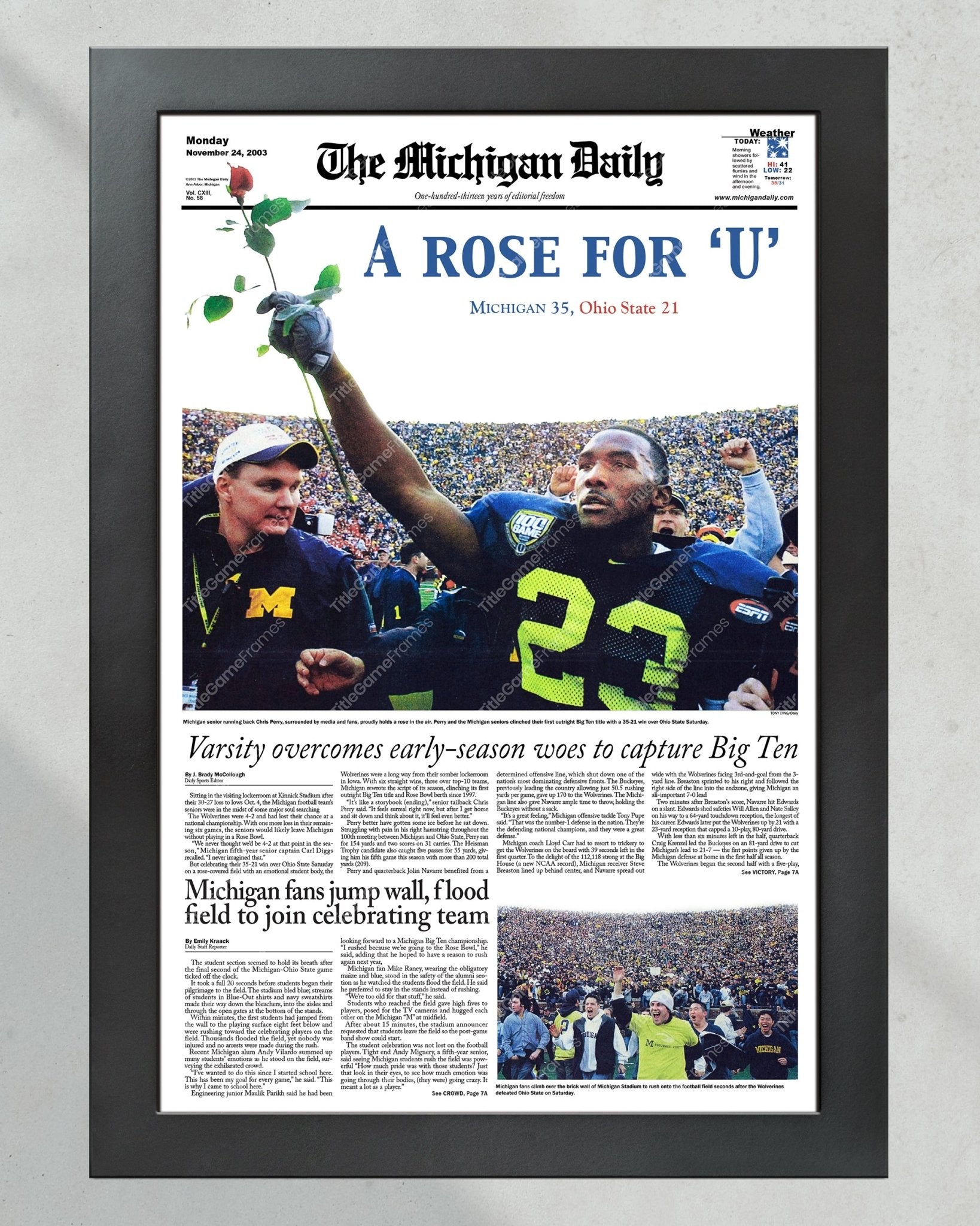 2003 Big Ten Championship: Michigan's 'A Rose for 'u' Victory Over Ohio State Framed Print - TitleGameFrames.com