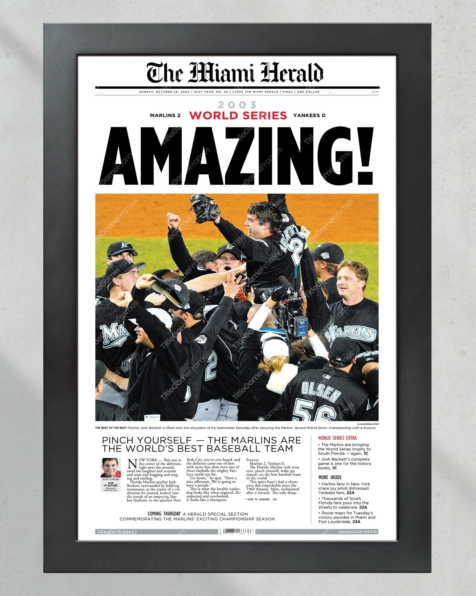 2003 Florida Miami Marlins World Series Champion Framed Newspaper Front Page Print Josh Beckett - TitleGameFrames.com