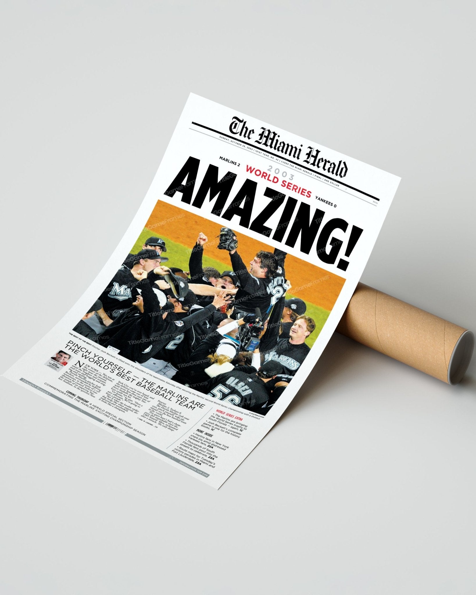 2003 Florida Miami Marlins World Series Champion Framed Newspaper Front Page Print Josh Beckett - TitleGameFrames.com