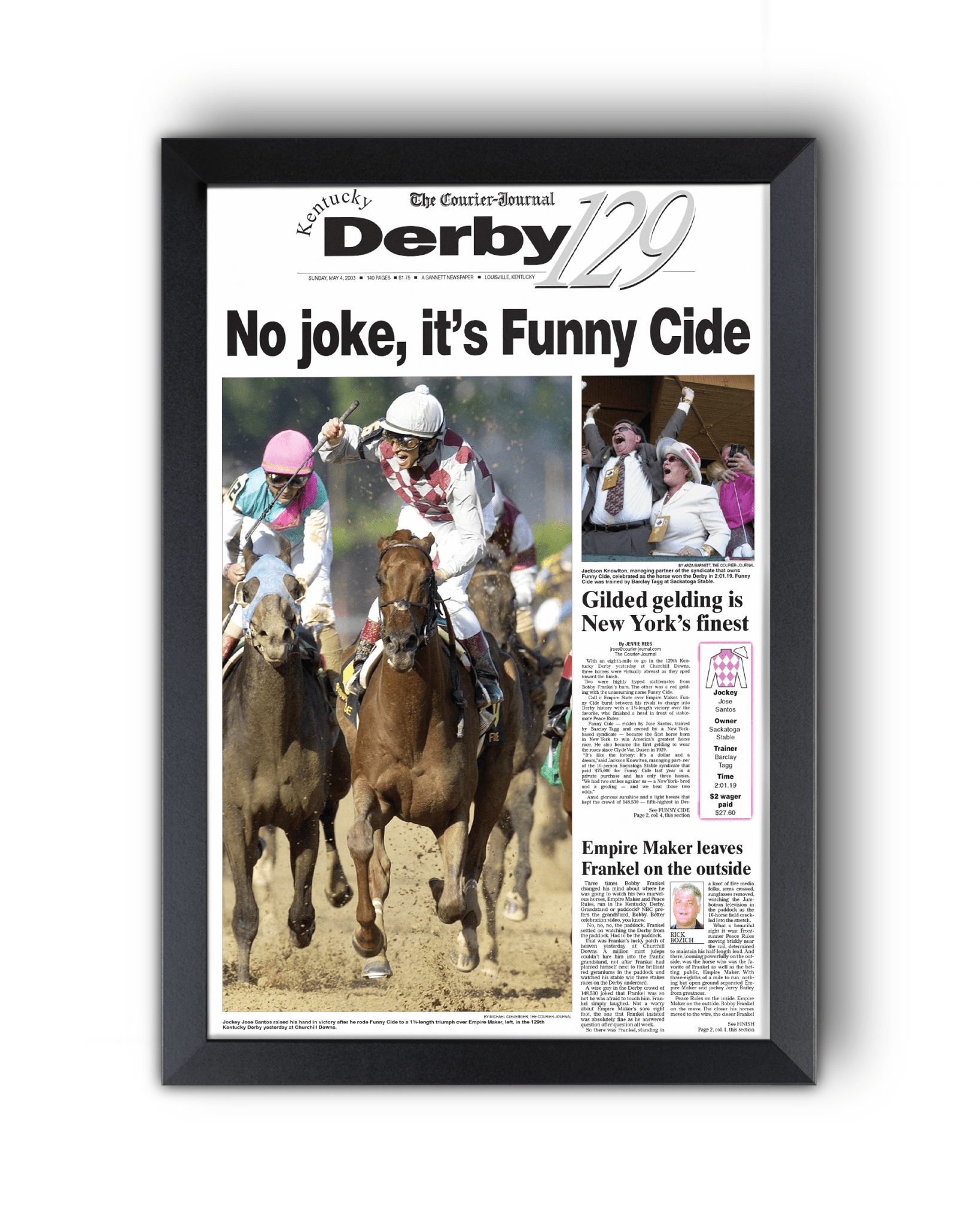 2003 Kentucky Derby "No Joke, Its Funny Cide" Winner Framed Newspaper - TitleGameFrames.com