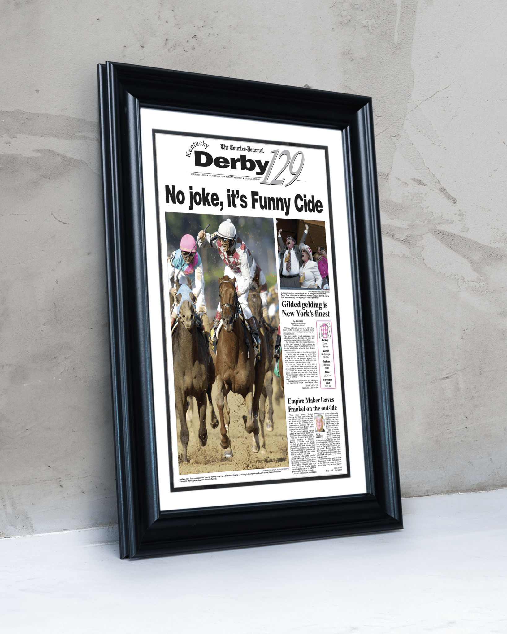 2003 Kentucky Derby "No Joke, Its Funny Cide" Winner Framed Newspaper - TitleGameFrames.com