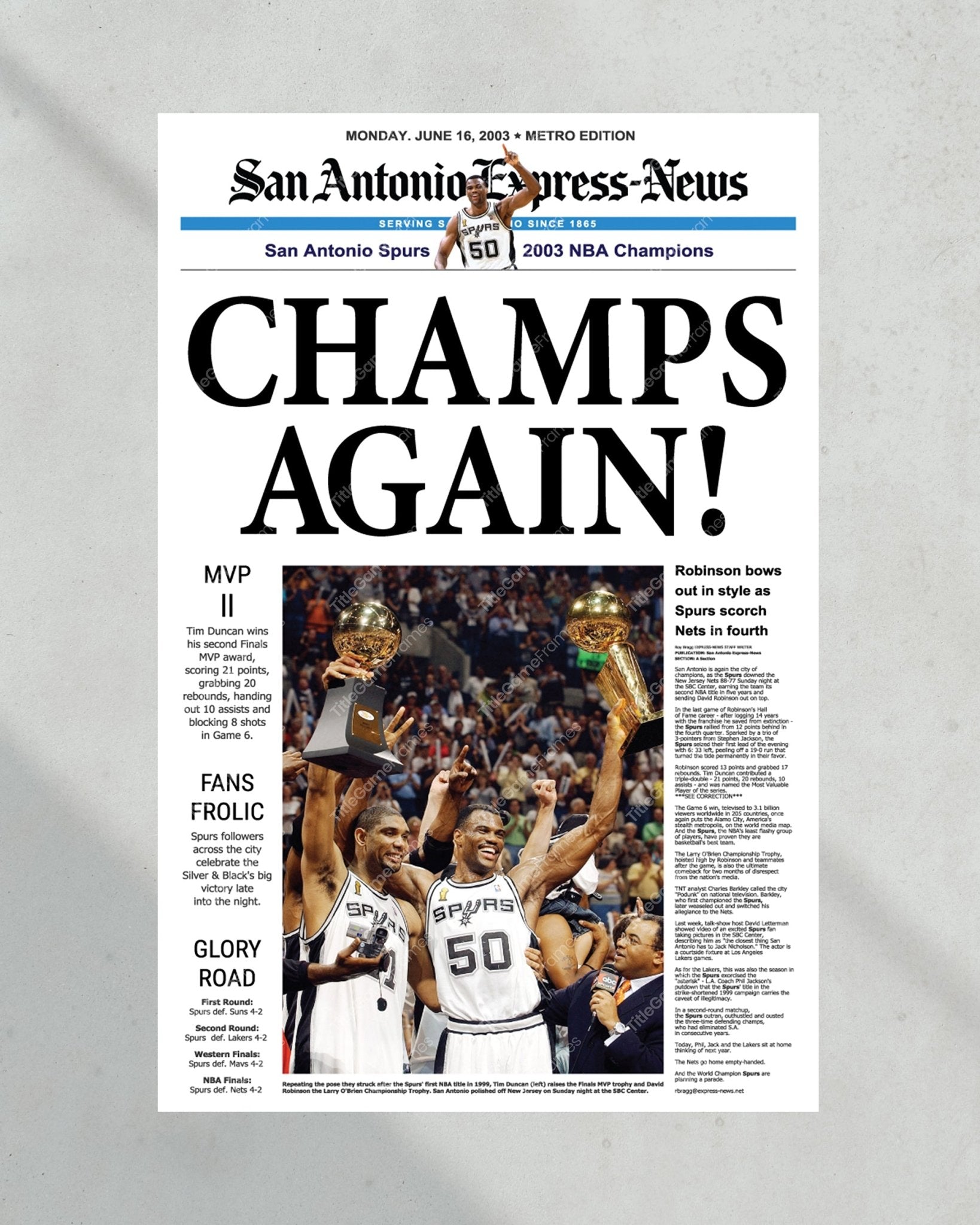 2003 San Antonio Spurs Framed Newspaper Cover Print David Robinson and Tim Duncan - Title Game Frames
