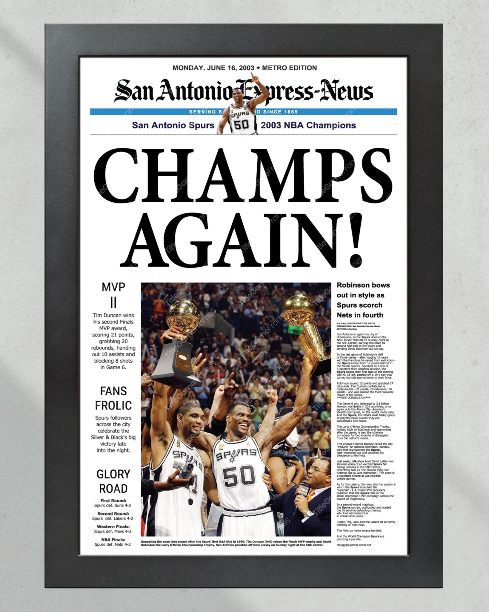 2003 San Antonio Spurs Framed Newspaper Cover Print David Robinson and Tim Duncan - Title Game Frames