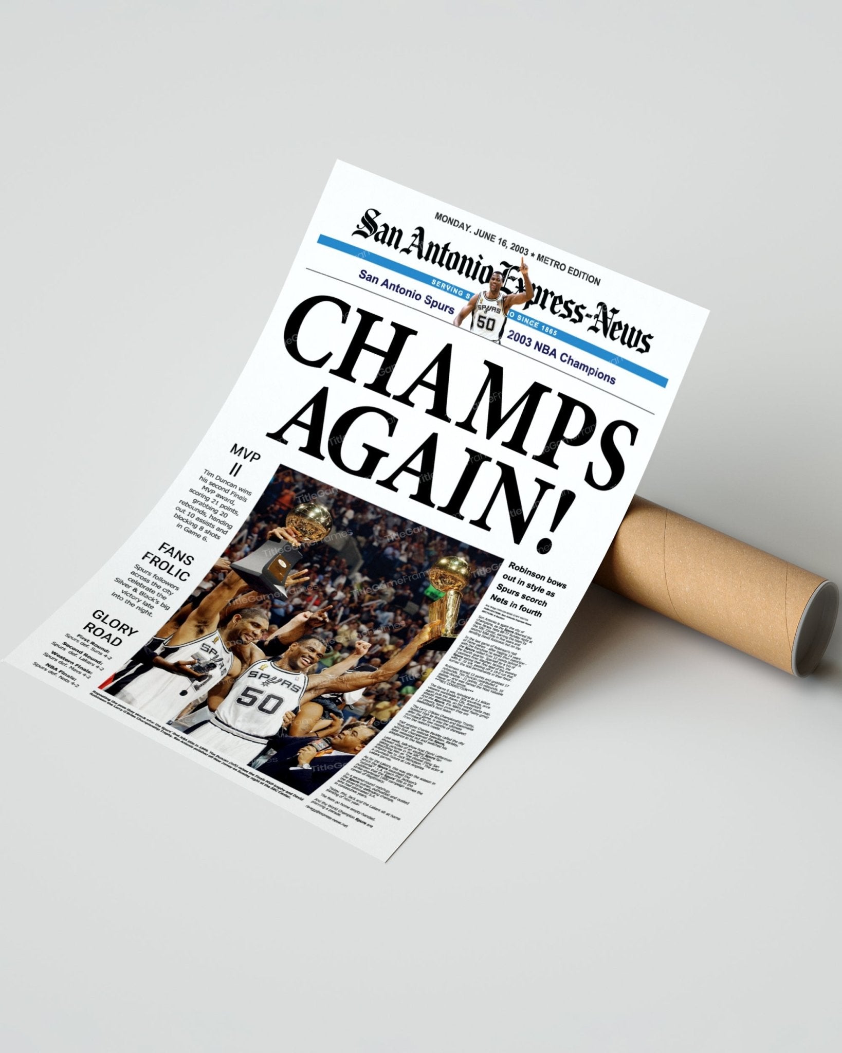 2003 San Antonio Spurs Framed Newspaper Cover Print David Robinson and Tim Duncan - Title Game Frames