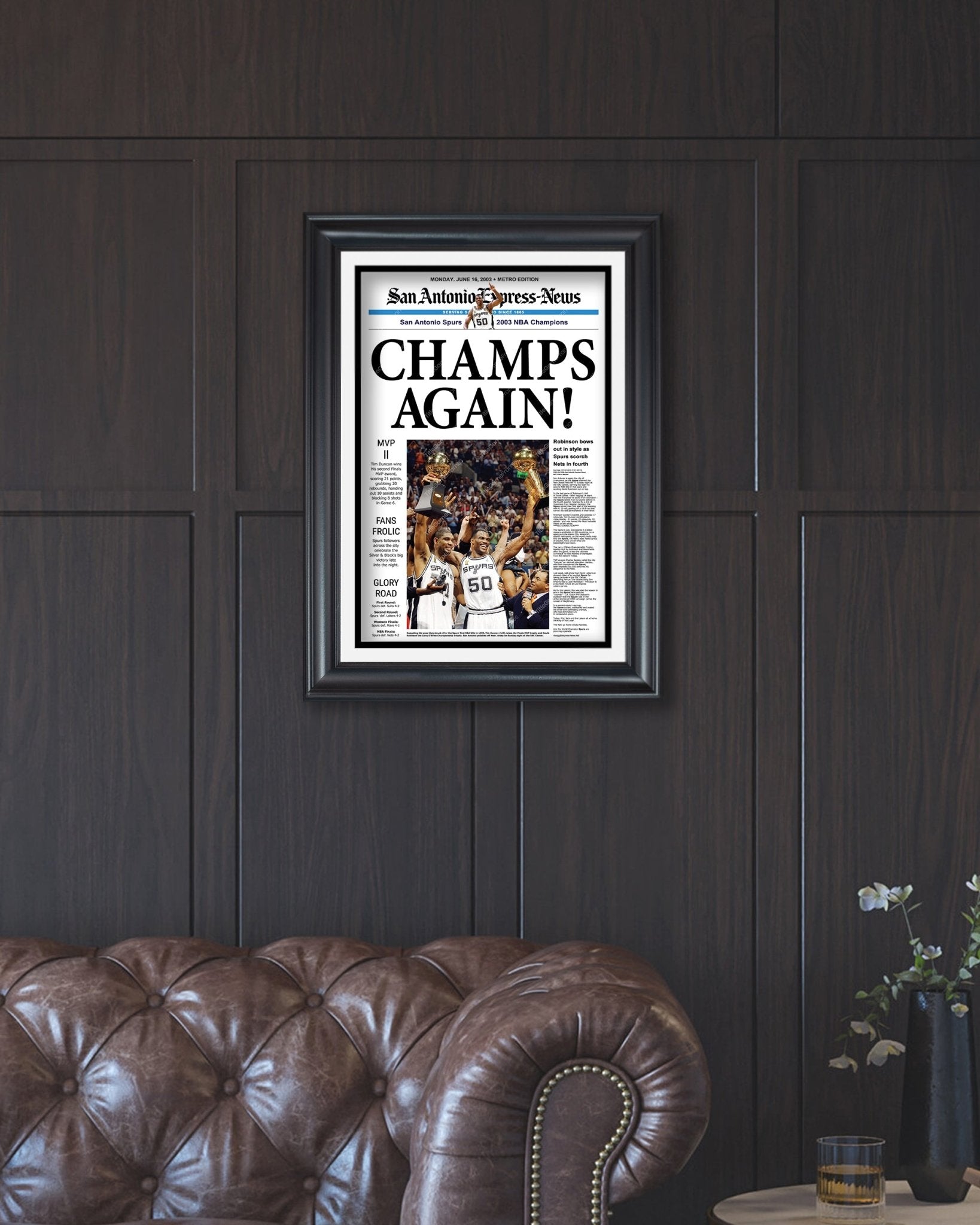 2003 San Antonio Spurs Framed Newspaper Cover Print David Robinson and Tim Duncan - Title Game Frames