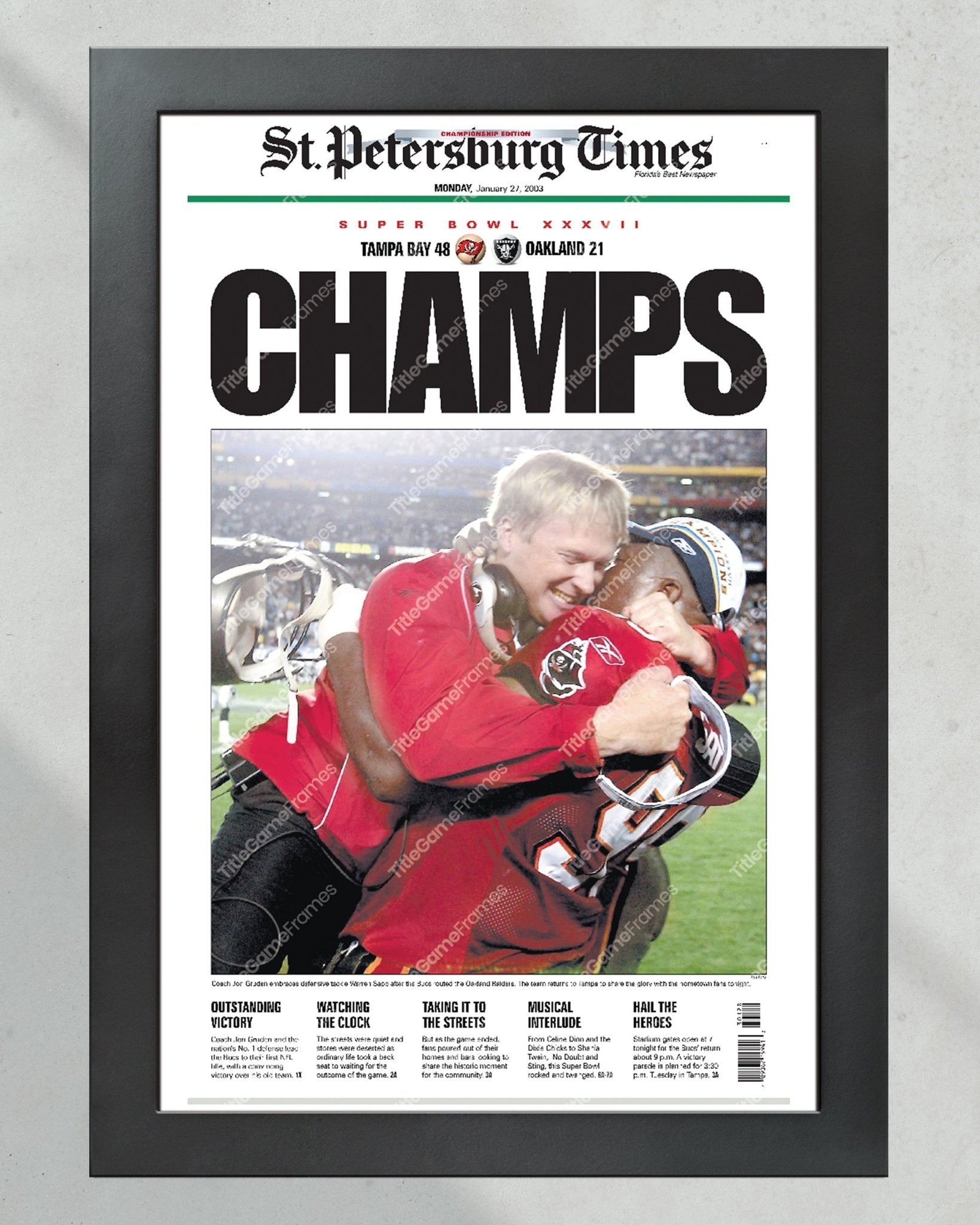 2003 Tampa Bay Buccaneers Super Bowl Champion Framed Newspaper Front Page Print - Title Game Frames