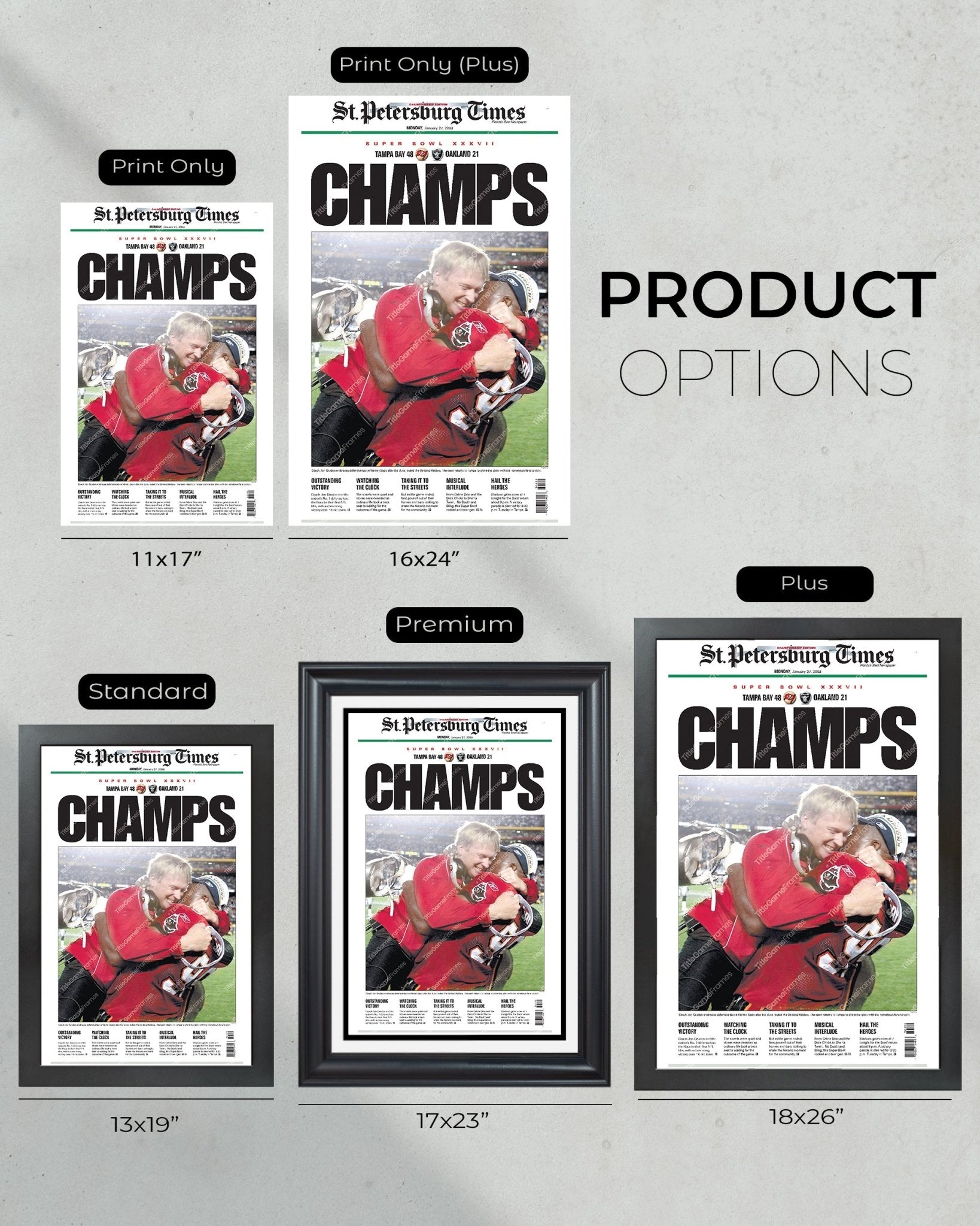 2003 Tampa Bay Buccaneers Super Bowl Champion Framed Newspaper Front Page Print - Title Game Frames