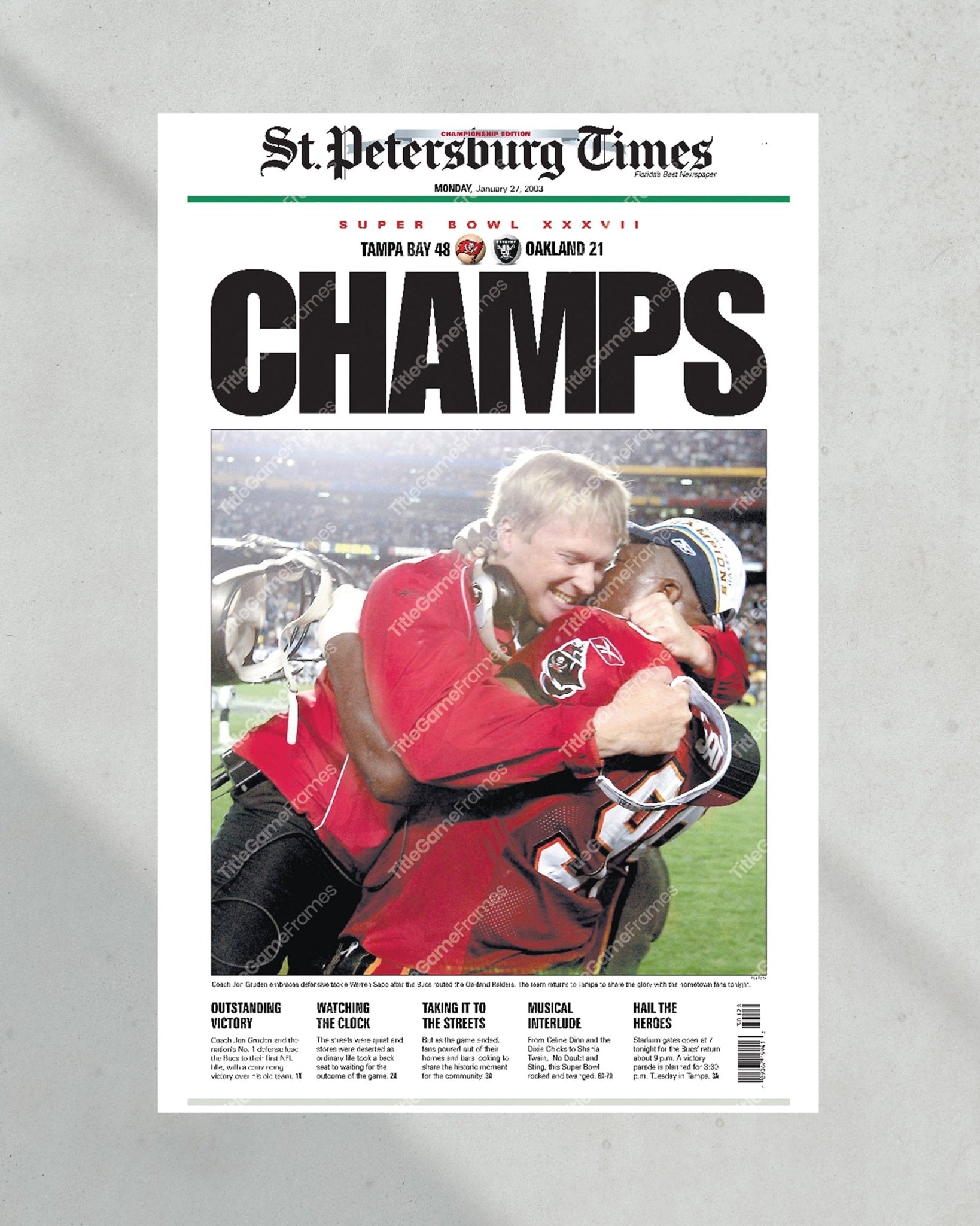 2003 Tampa Bay Buccaneers Super Bowl Champion Framed Newspaper Front Page Print - Title Game Frames