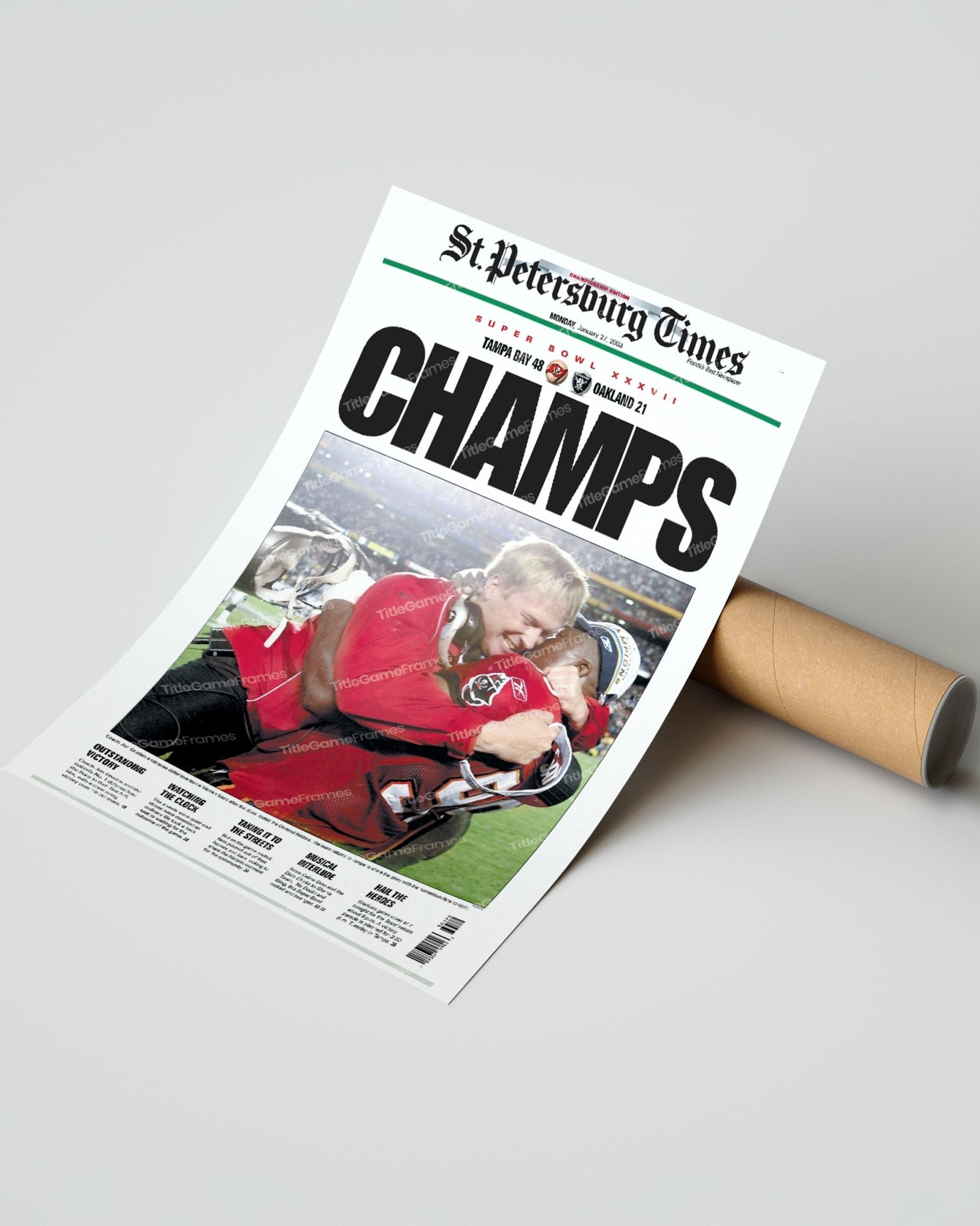 2003 Tampa Bay Buccaneers Super Bowl Champion Framed Newspaper Front Page Print - Title Game Frames