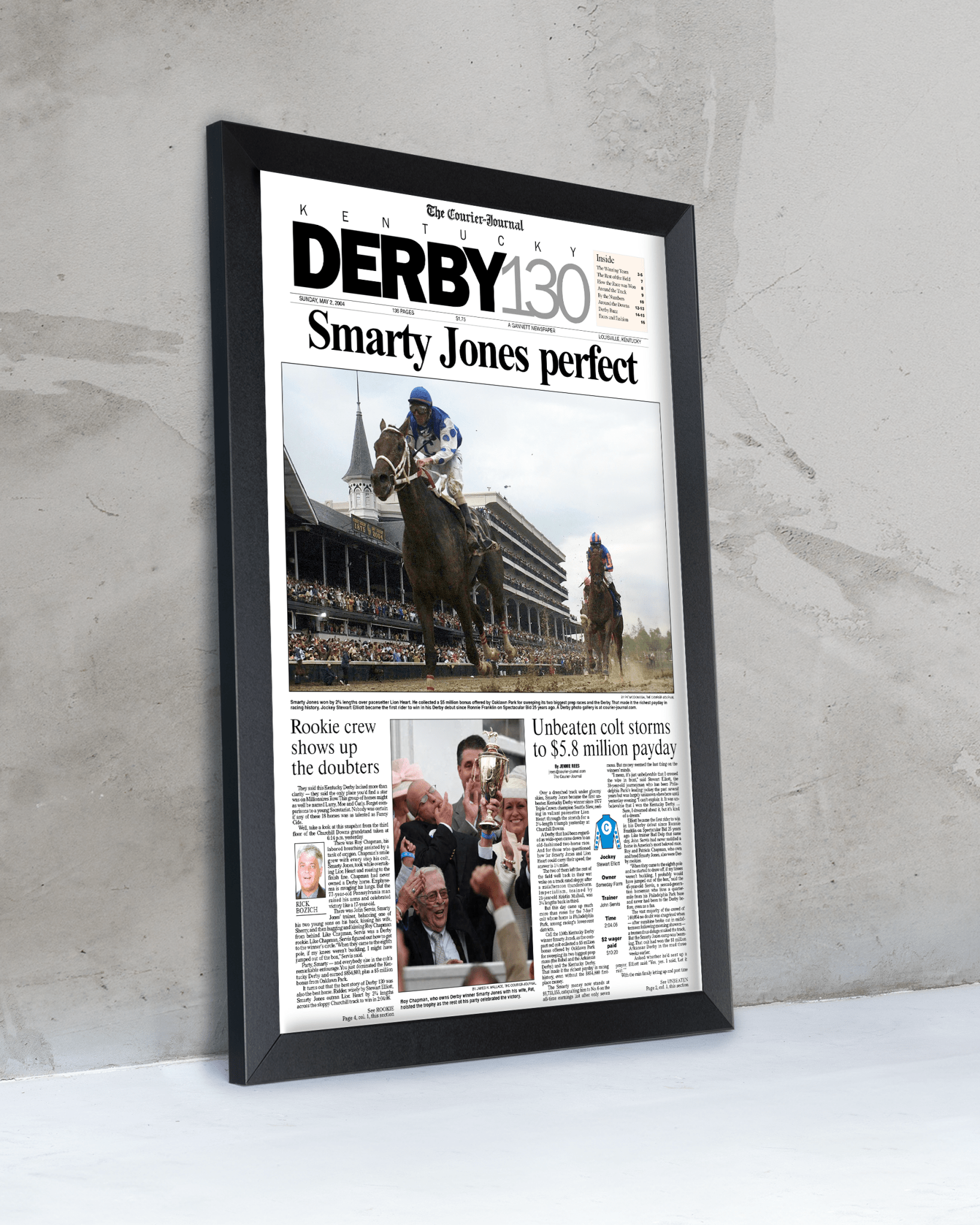 2004 Kentucky Derby "Smarty Jones Perfect" Winner Framed Newspaper - TitleGameFrames.com