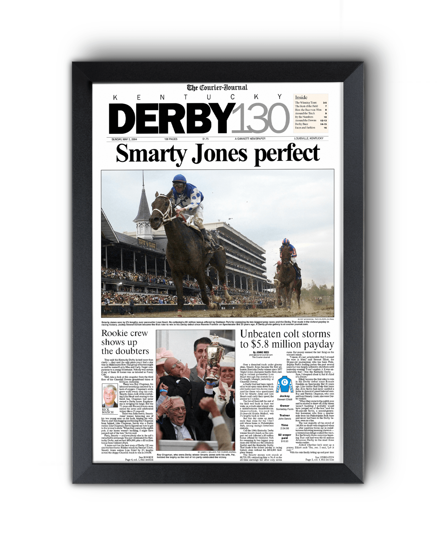 2004 Kentucky Derby "Smarty Jones Perfect" Winner Framed Newspaper - TitleGameFrames.com