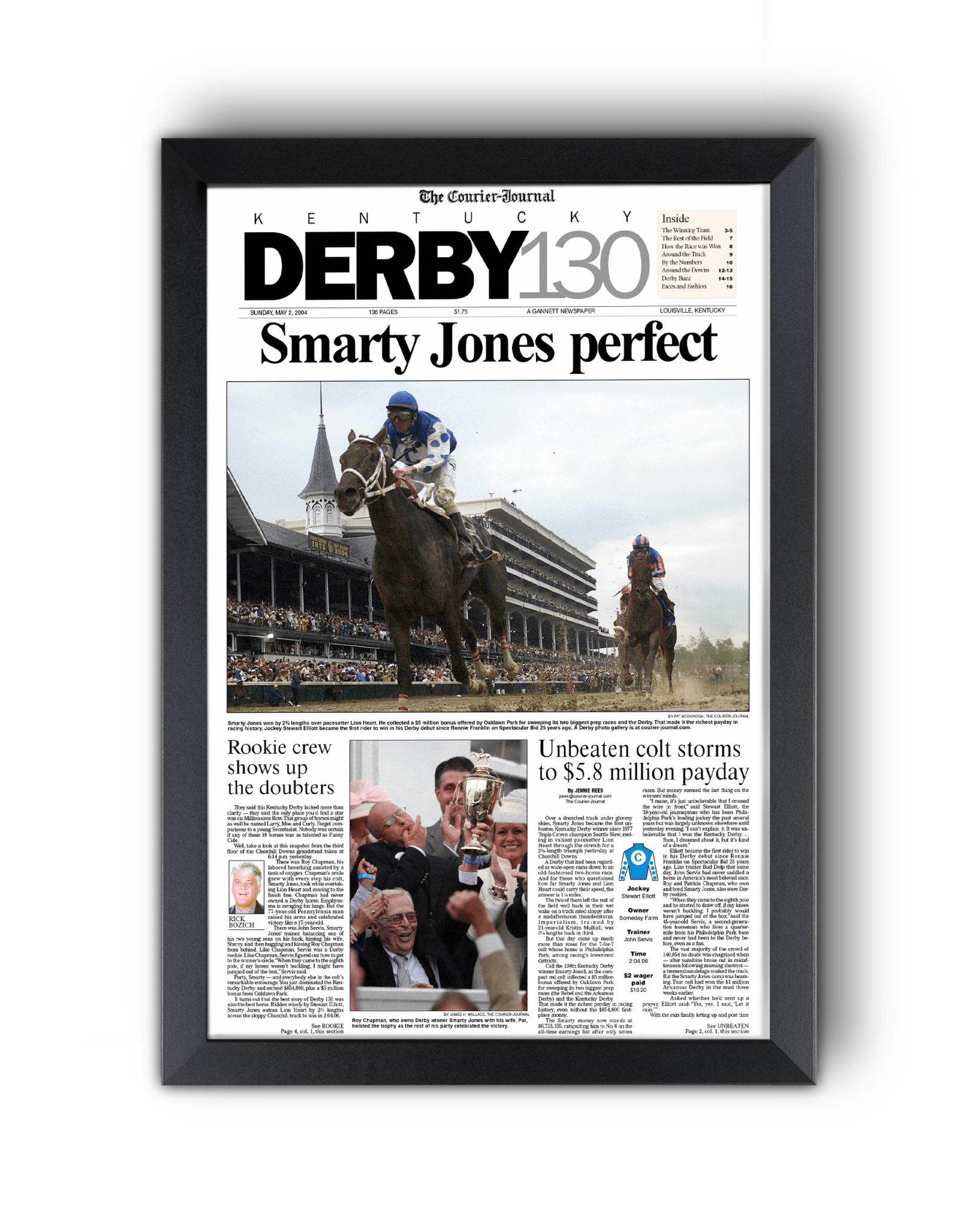2004 Kentucky Derby "Smarty Jones Perfect" Winner Framed Newspaper - TitleGameFrames.com