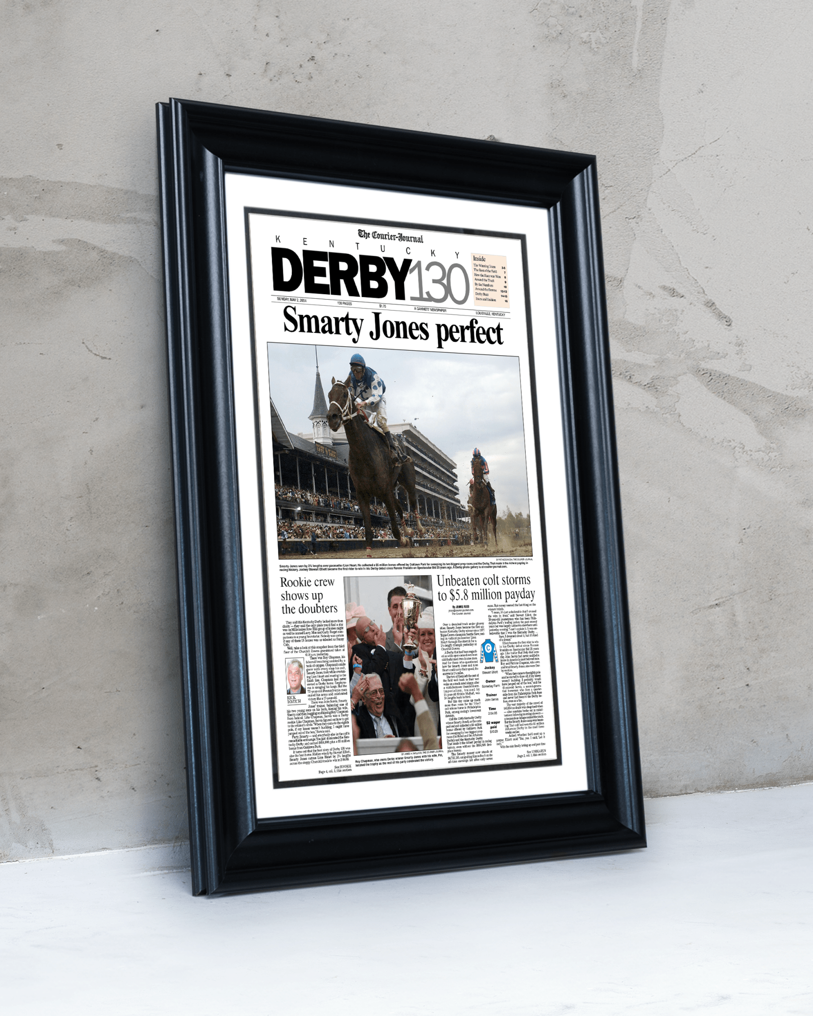 2004 Kentucky Derby "Smarty Jones Perfect" Winner Framed Newspaper - TitleGameFrames.com