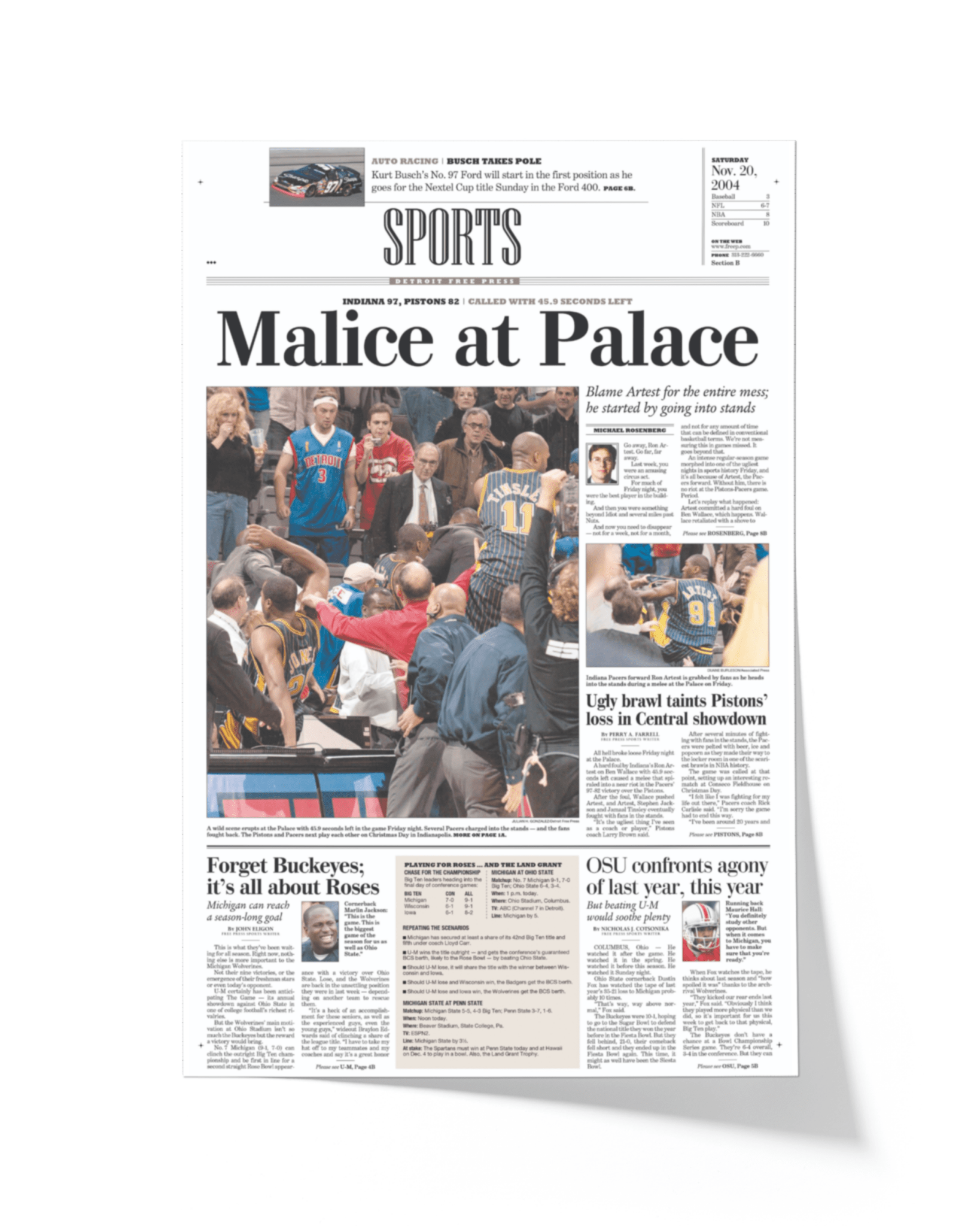 2004 Malice at the Palace Pacers vs. Pistons Brawl Framed Newspaper: - TitleGameFrames.com