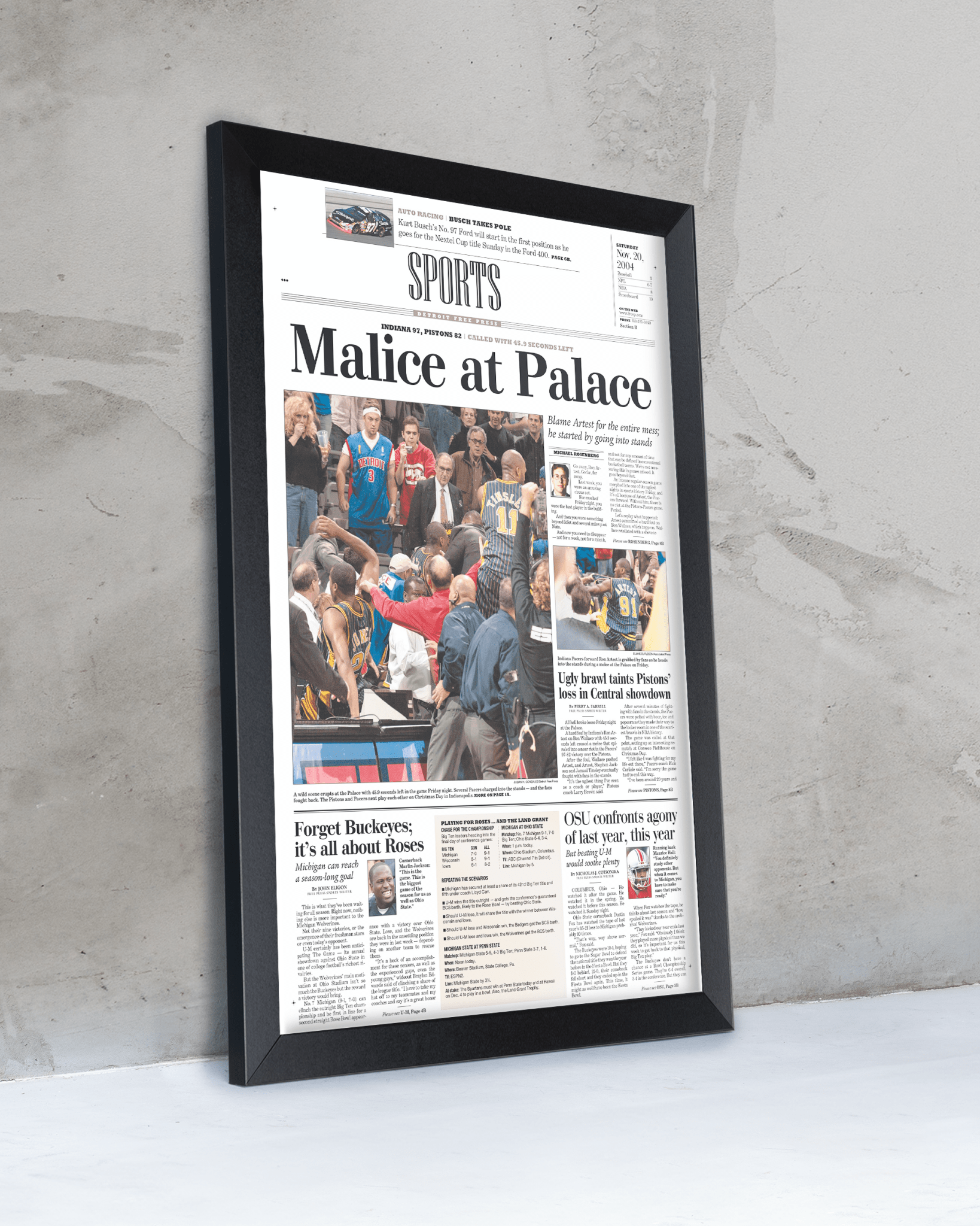 2004 Malice at the Palace Pacers vs. Pistons Brawl Framed Newspaper: - TitleGameFrames.com