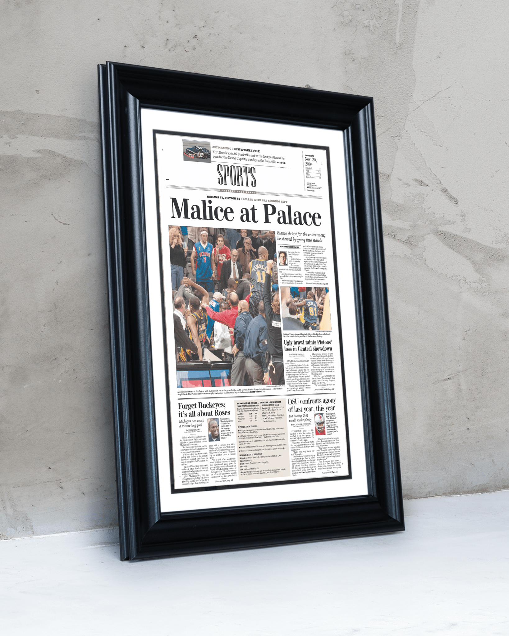 2004 Malice at the Palace Pacers vs. Pistons Brawl Framed Newspaper: - TitleGameFrames.com