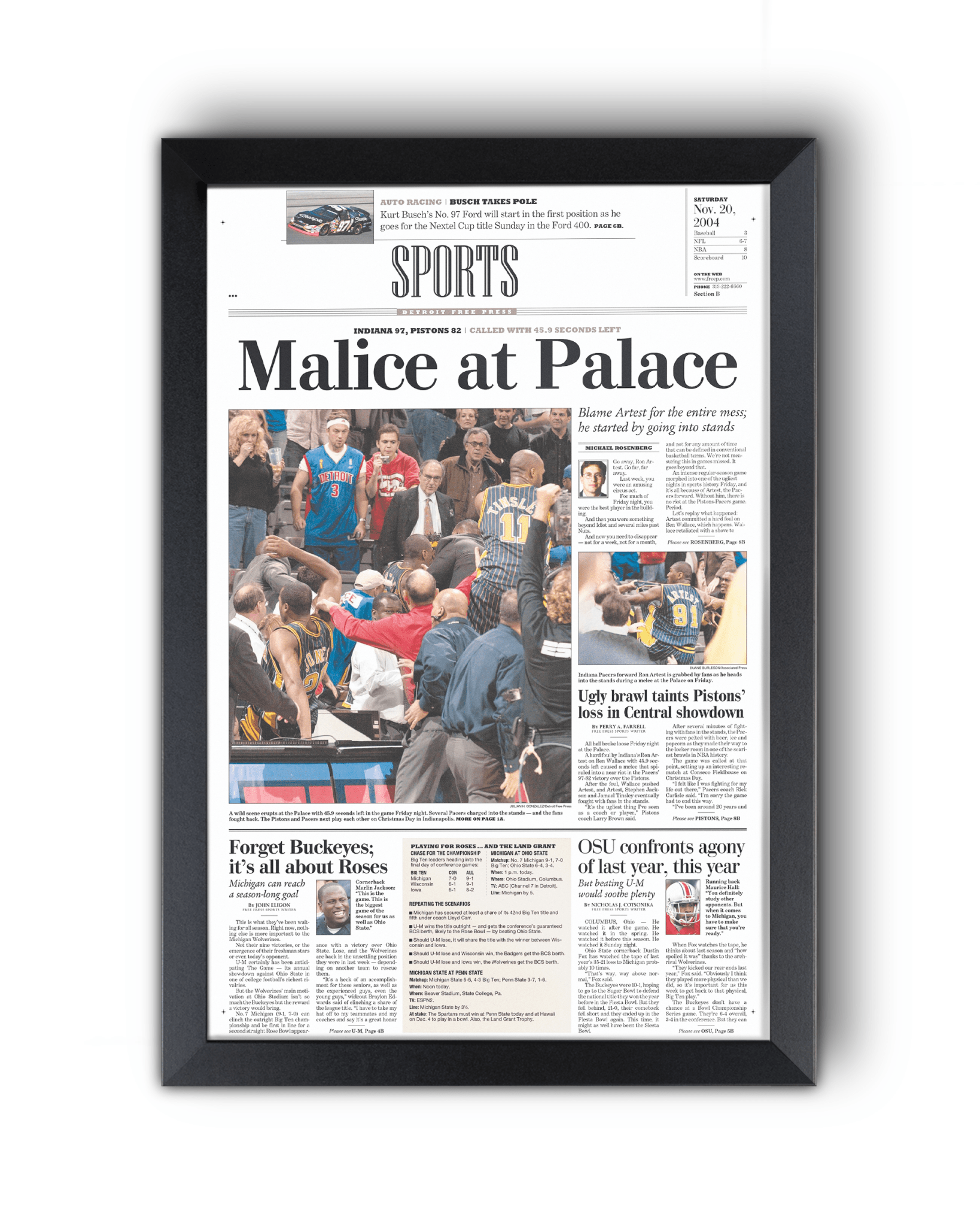 2004 Malice at the Palace Pacers vs. Pistons Brawl Framed Newspaper: - TitleGameFrames.com