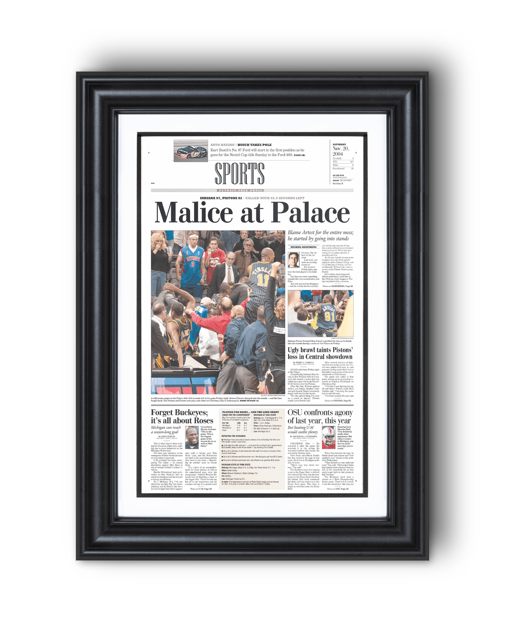 2004 Malice at the Palace Pacers vs. Pistons Brawl Framed Newspaper: - TitleGameFrames.com