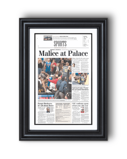 2004 Malice at the Palace Pacers vs. Pistons Brawl Framed Newspaper: - TitleGameFrames.com