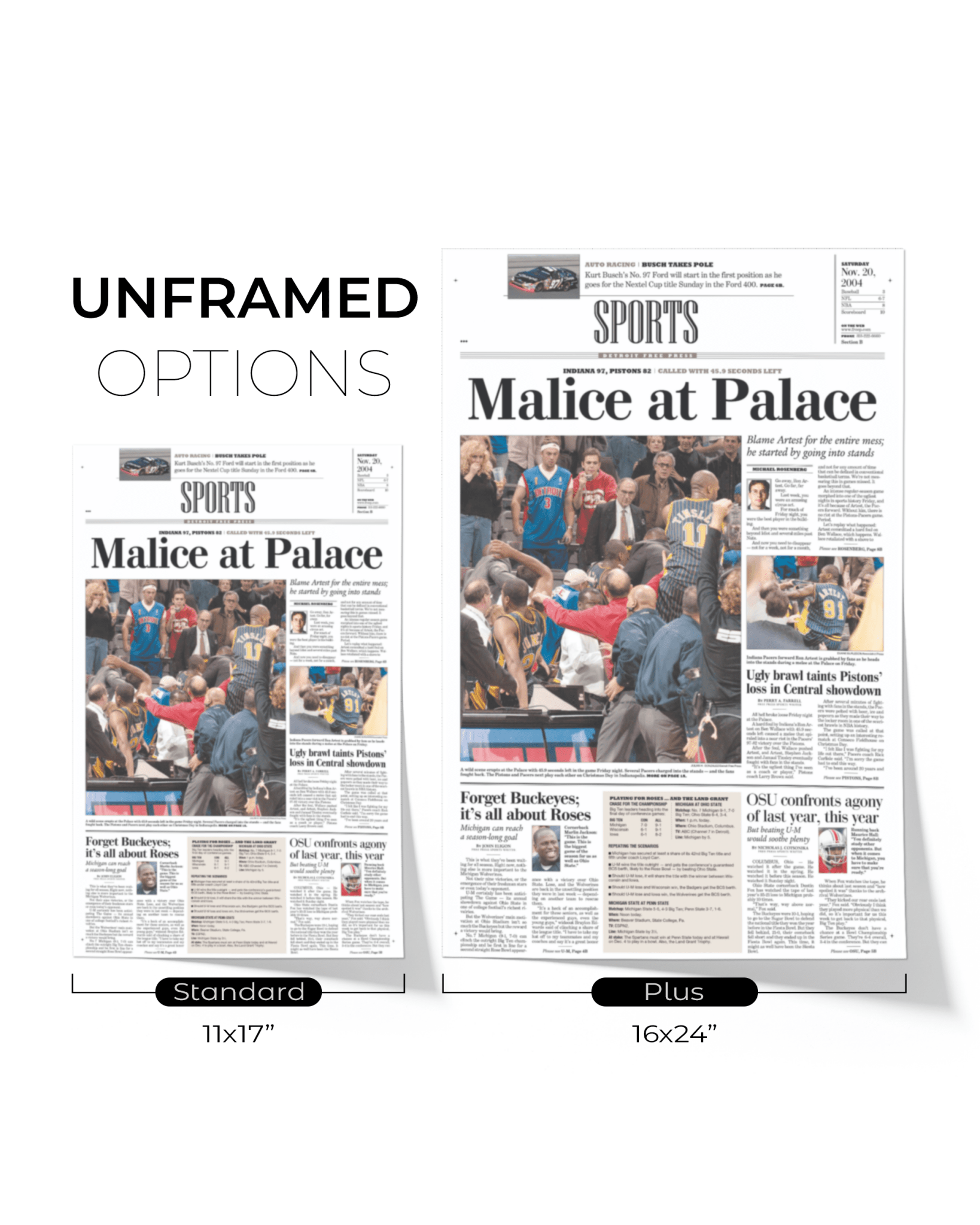 2004 Malice at the Palace Pacers vs. Pistons Brawl Framed Newspaper: - TitleGameFrames.com