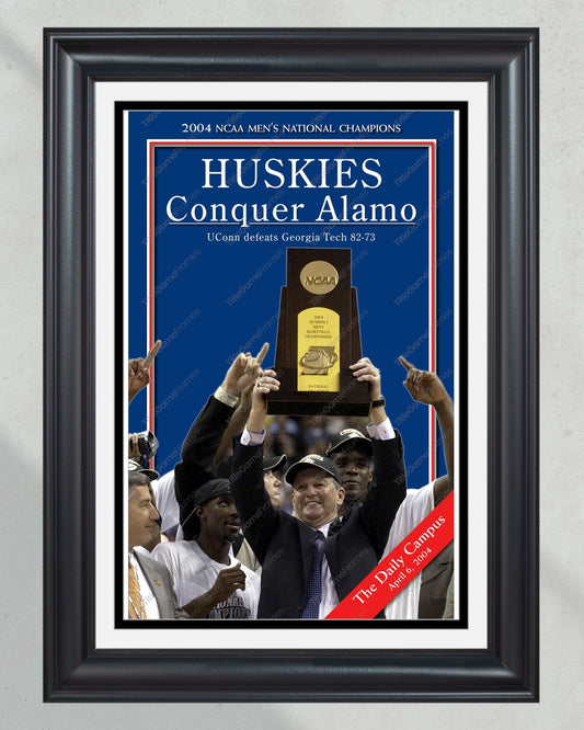 2004 UConn 'HUSKIES Conquer Alamo' NCAA Championship Framed Newspaper - TitleGameFrames.com
