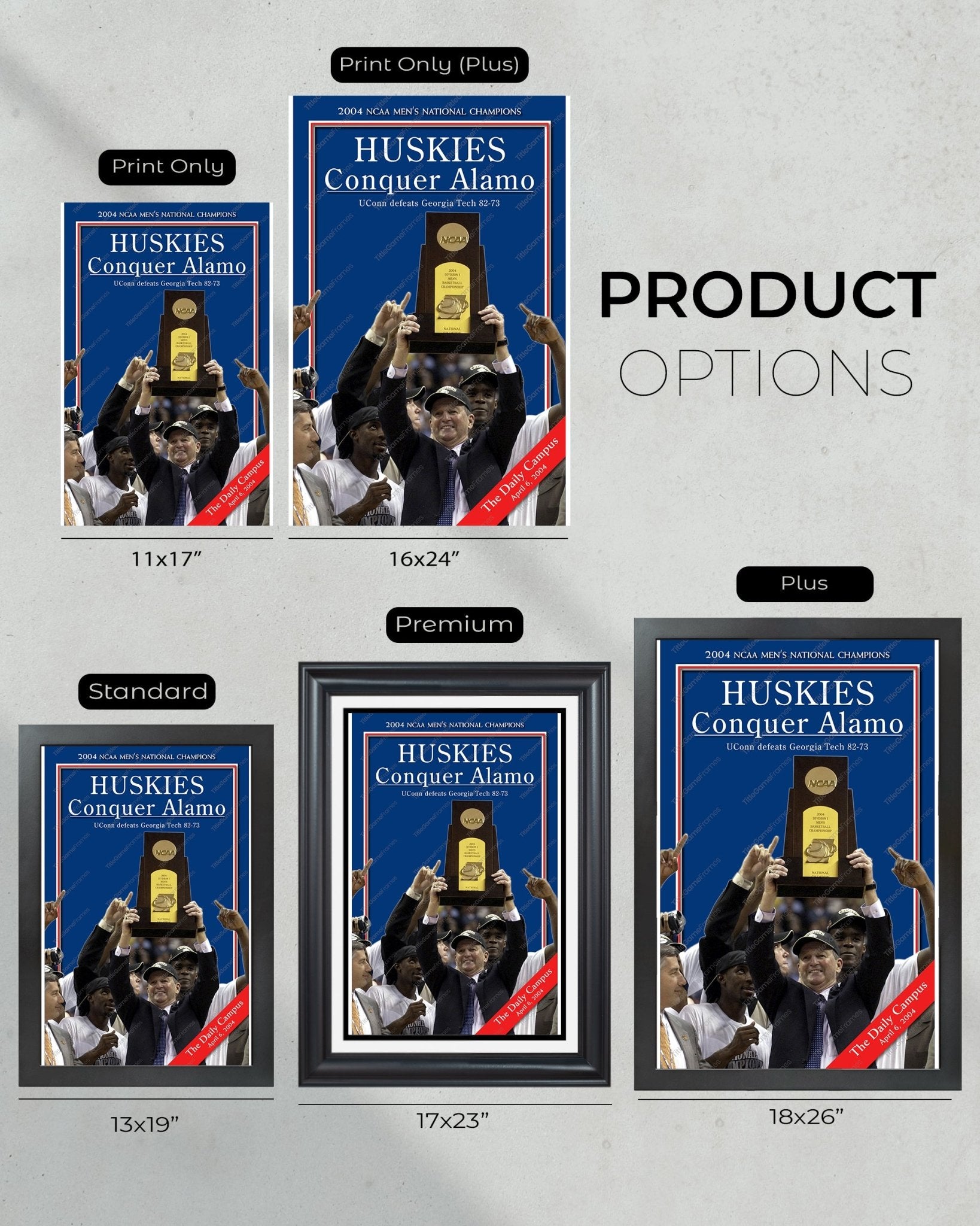 2004 UConn 'HUSKIES Conquer Alamo' NCAA Championship Framed Newspaper - TitleGameFrames.com