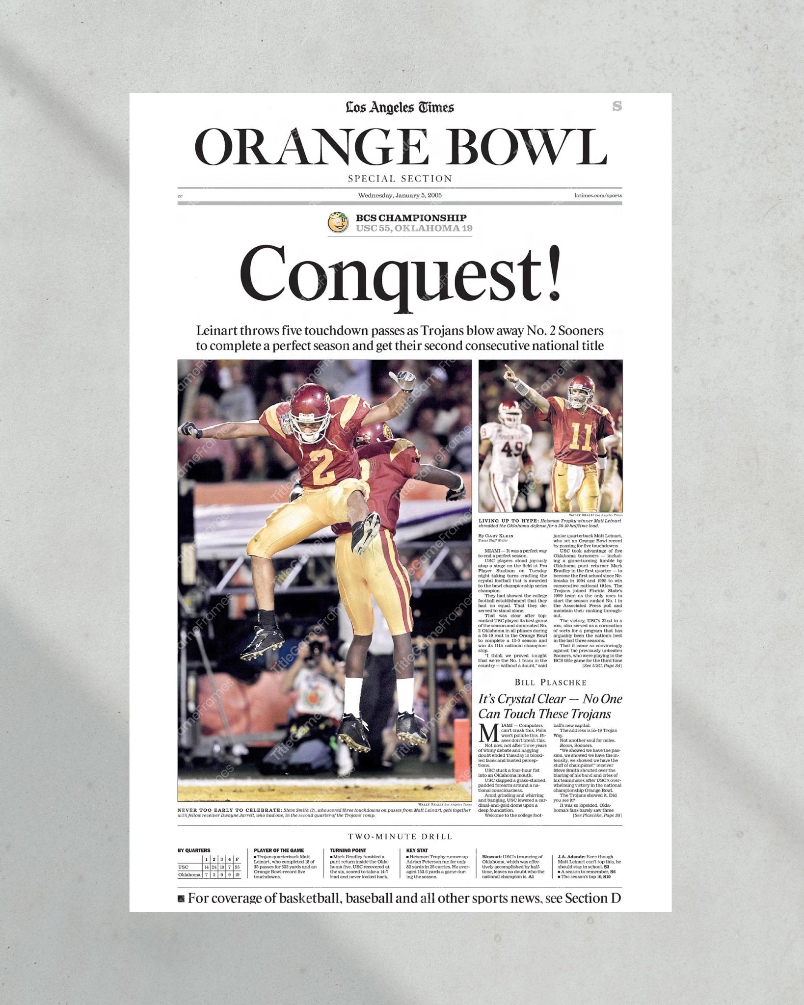 2004 USC Trojans NCAA College Football National Champions Framed Front Page Newspaper Print - TitleGameFrames.com