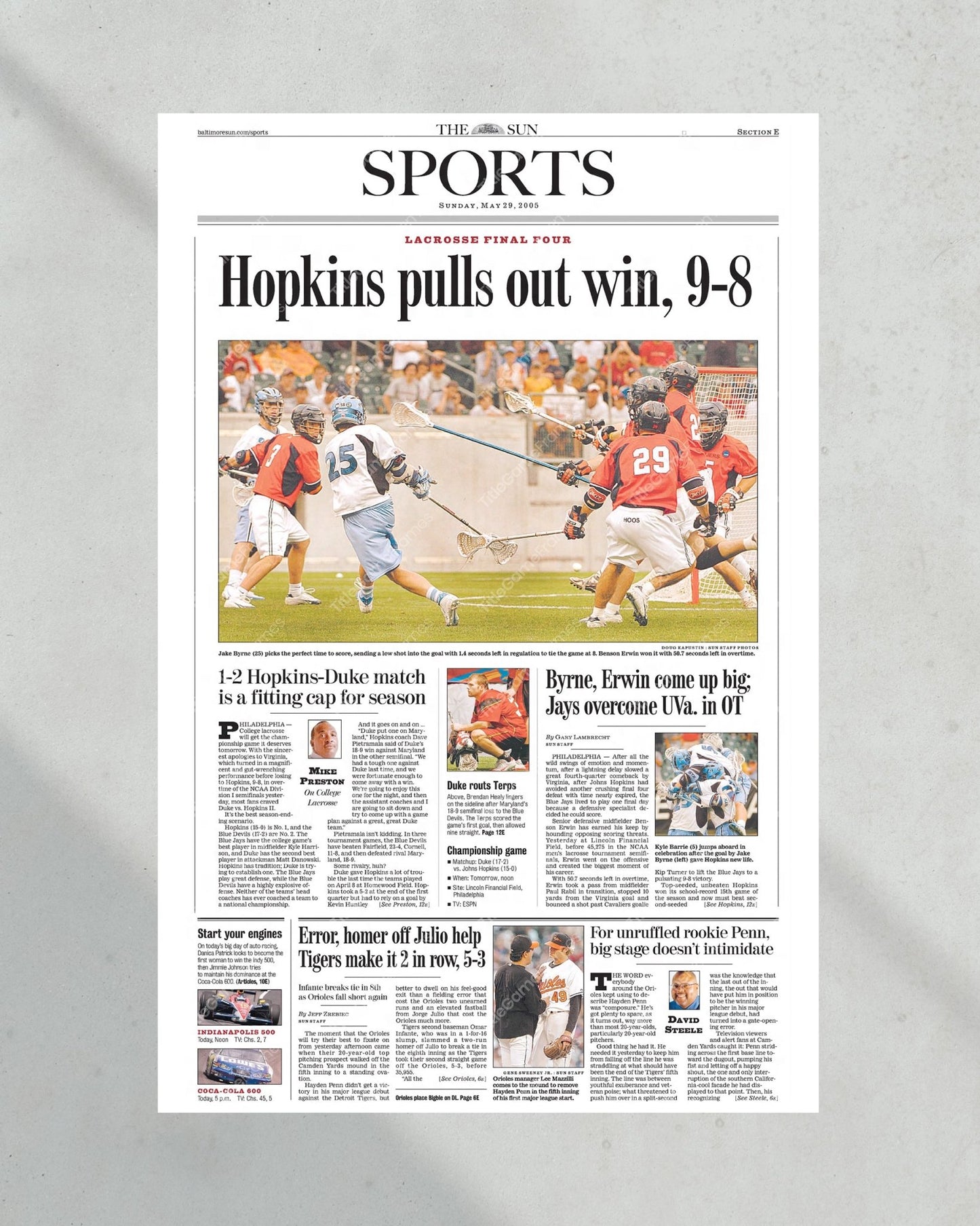 2005 John’s Hopkins LAX Championship Framed Front Page Newspaper Print - TitleGameFrames.com