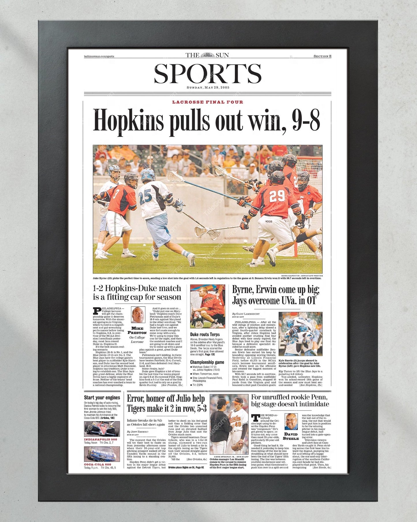 2005 John’s Hopkins LAX Championship Framed Front Page Newspaper Print - TitleGameFrames.com