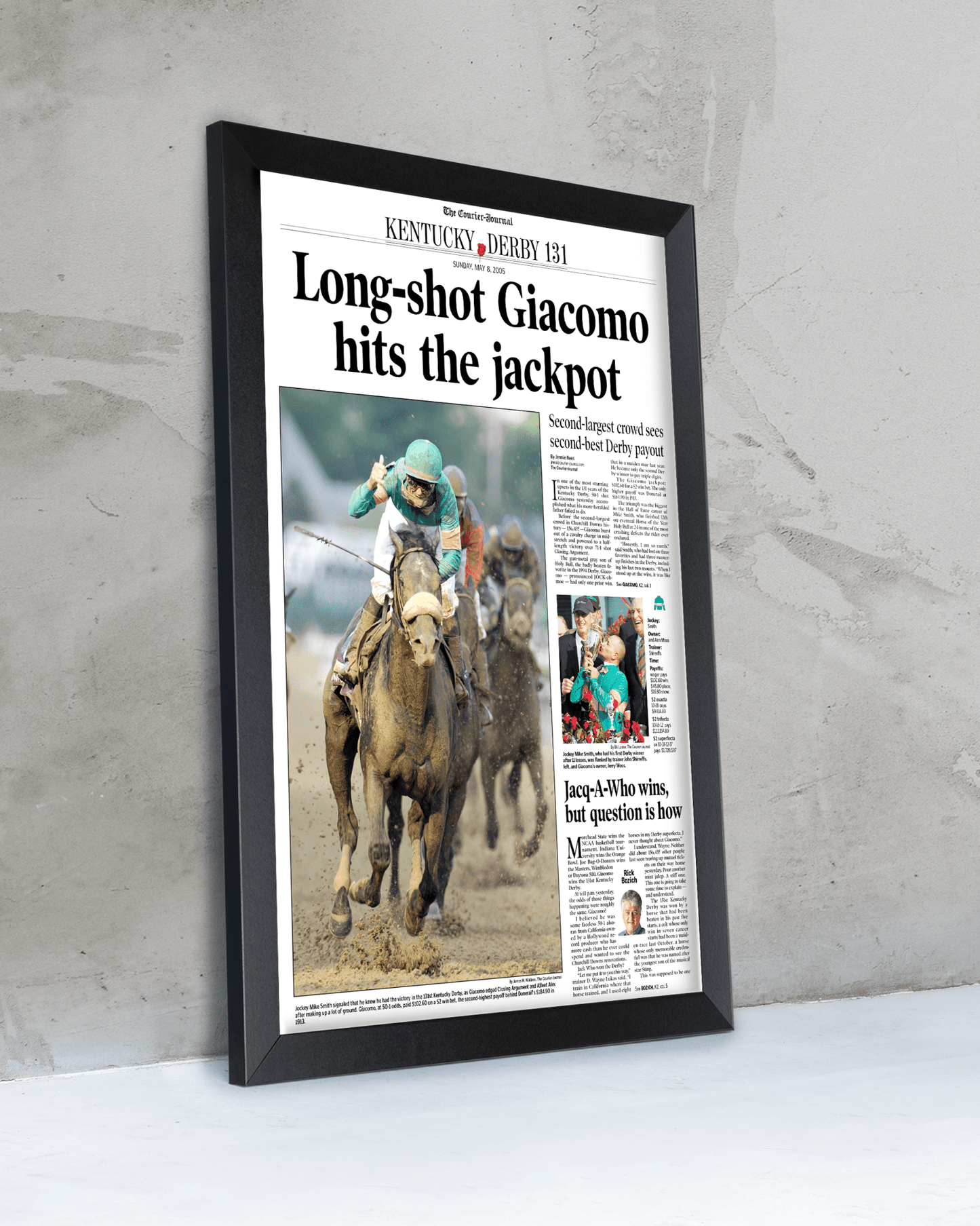 2005 Kentucky Derby “Long - Shot Giacomo Hits the Jackpot” Winner Framed Front Page Newspaper - TitleGameFrames.com