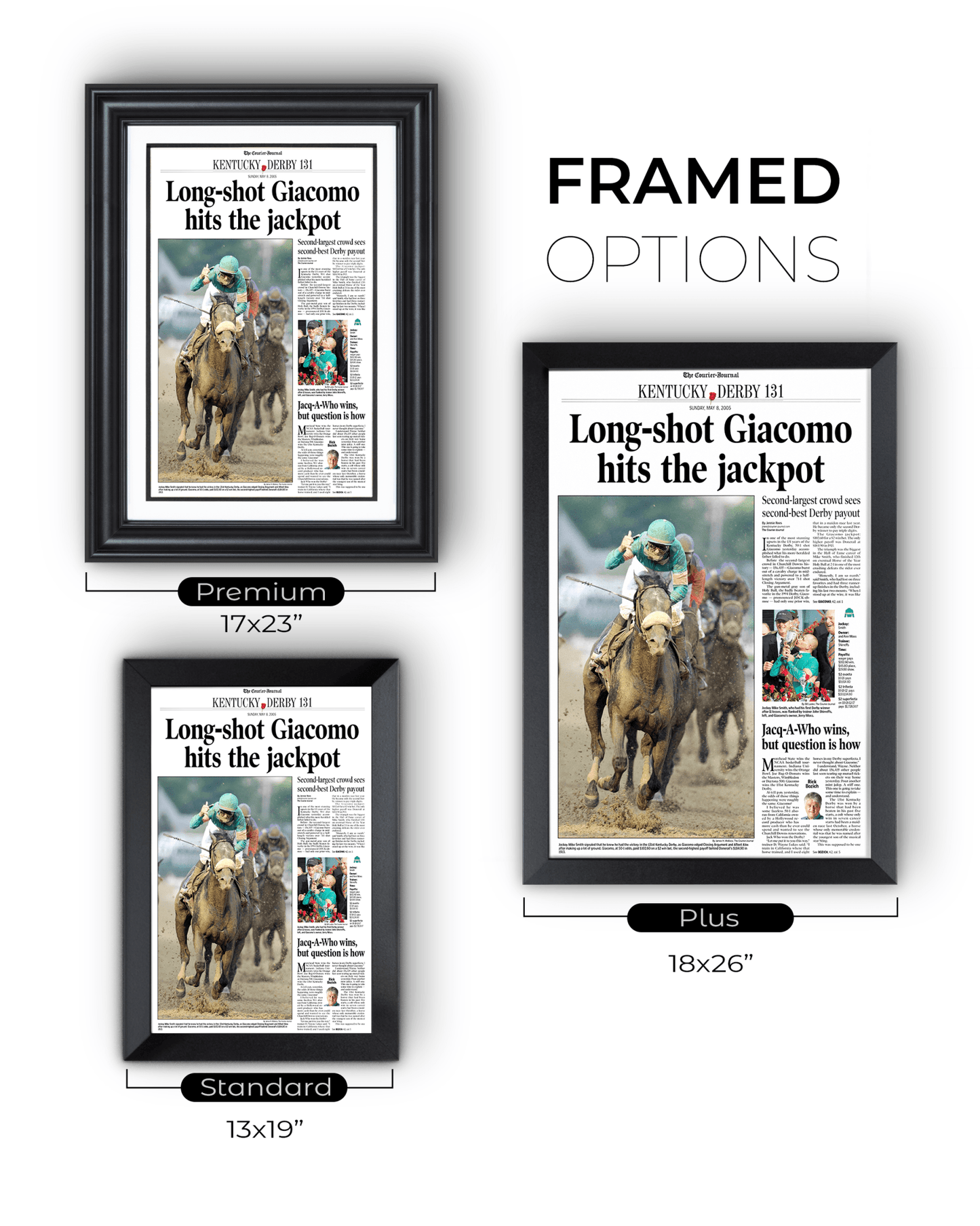 2005 Kentucky Derby “Long - Shot Giacomo Hits the Jackpot” Winner Framed Front Page Newspaper - TitleGameFrames.com